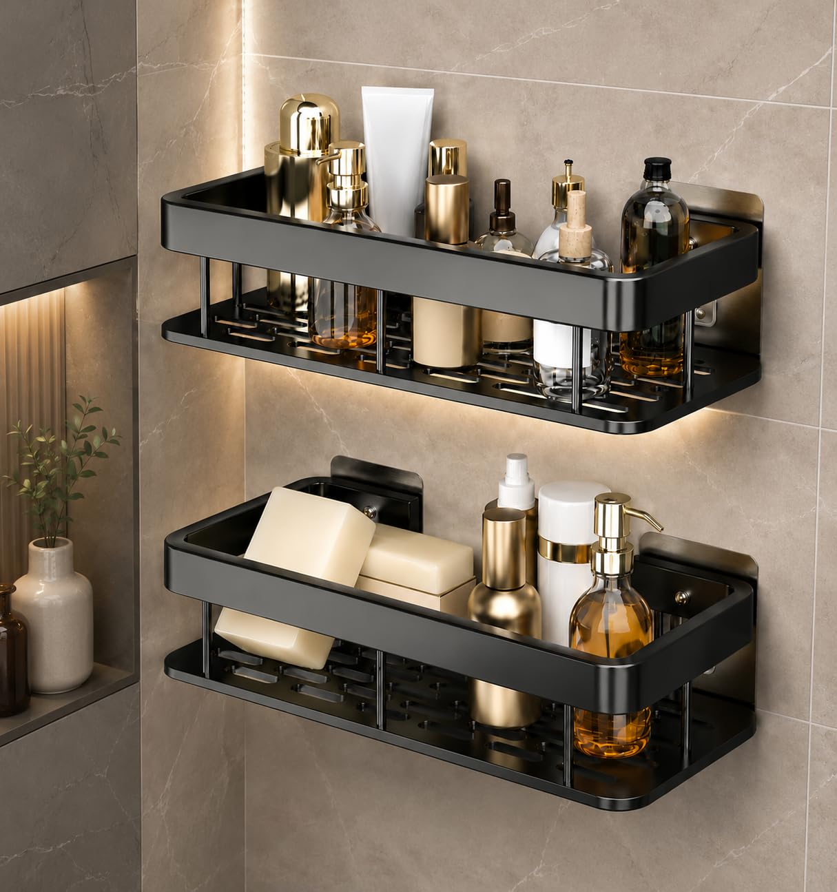 Self Adhesive Bathroom Shelf Pack of 2 | No Drill Aluminium Wall Mounted Shower Caddy Organizer | Rustproof Bathroom Storage Rack for Bathroom, Kitchen & Toilet | 4 Extra Adhesives | Golden-image-30