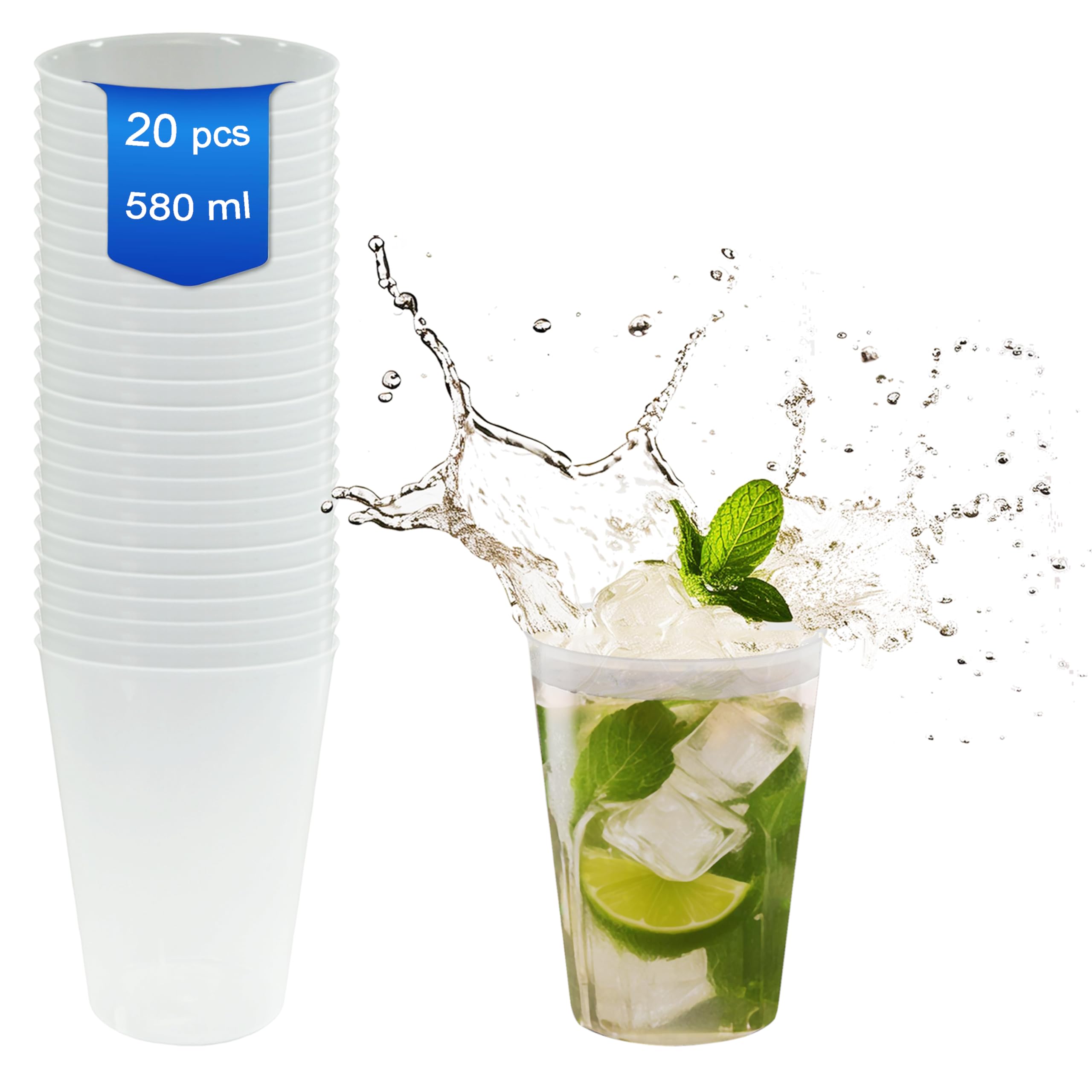 20 Vasos 580 ml Plástico Flexible Reutilizable Lavable. Coctel Mojito Cubata Sidra Fiesta Camping Halloween (20 Vasos(Translucidos))