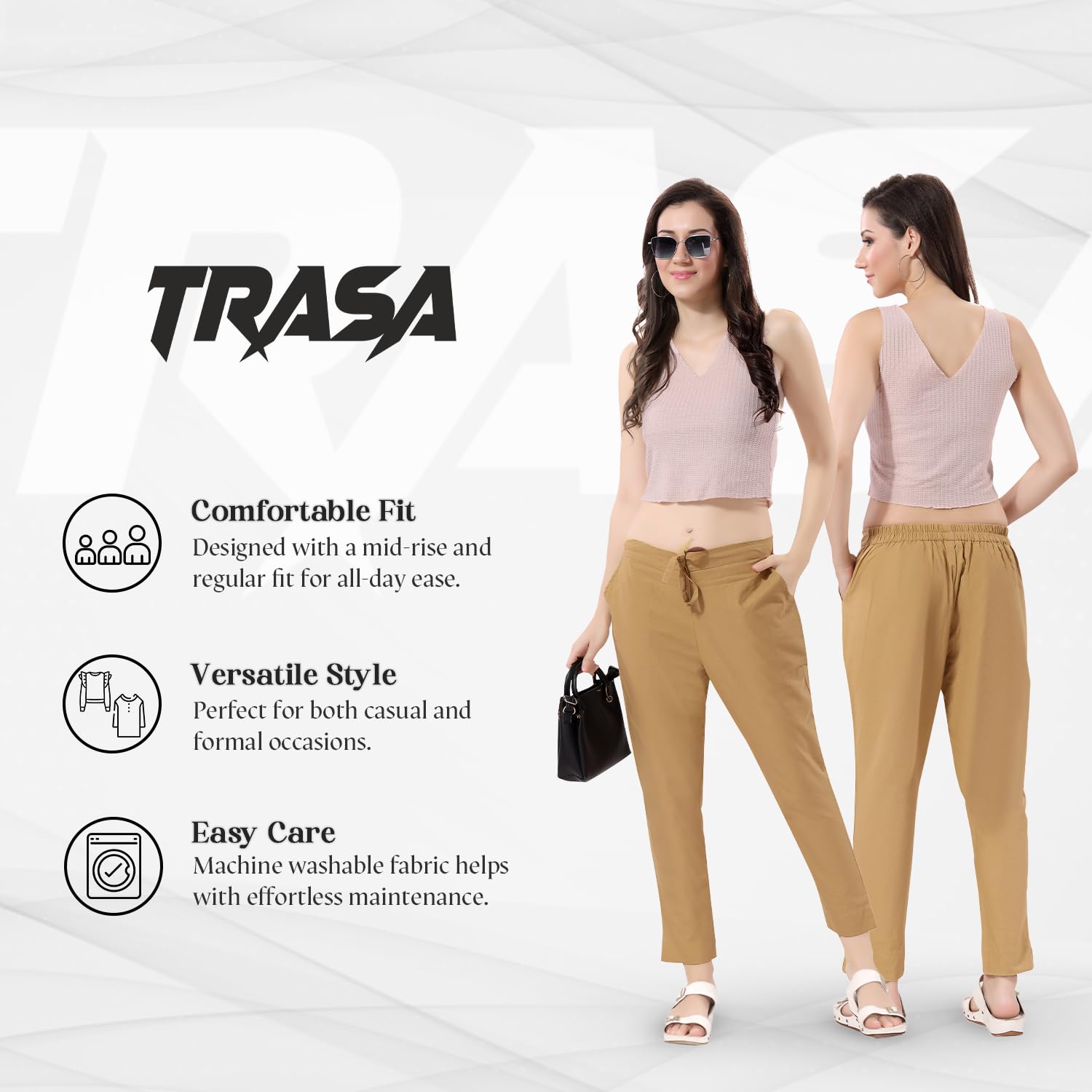 TRASA Ultra Soft Cotton Regular and Plus 8 Colour Cotton Pants for Womens and Girls, Beige - 2XL - Image 2 thumbnail