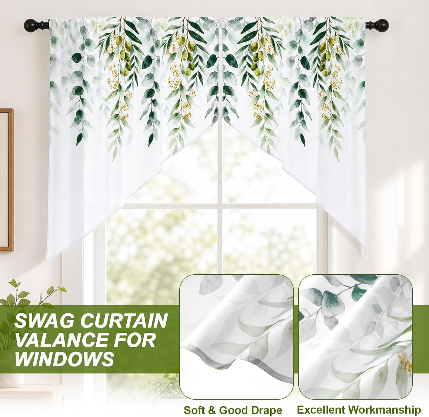 2Panels Green Swag Curtain Valance for Windows, Soft Leaf Print Kitchen Bathroom Drape Kitchen Curtains for Small Windows, Valances for Windows Farmhouse Hanging Decor
