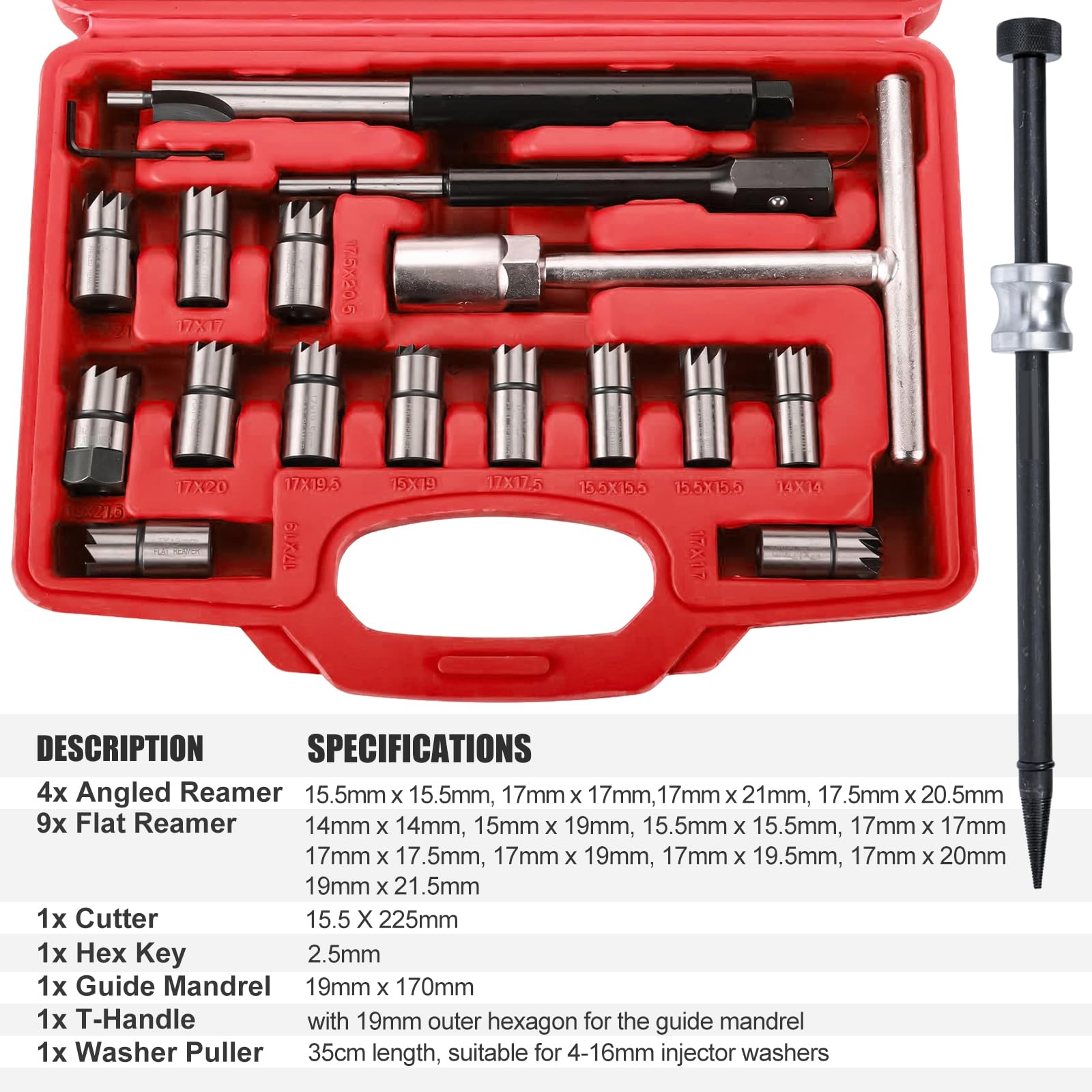FreeTec 18pcs Fraise Injecteur Diesel, 14-21,5 mm Kit Fraise Siège Injecteurs avec 4-15mm Extracteur Joint Injecteur, Alésoir Nettoyage Puit Extracteur Joint Injecteurs Diesel pour VW Audi BMW (Rouge)