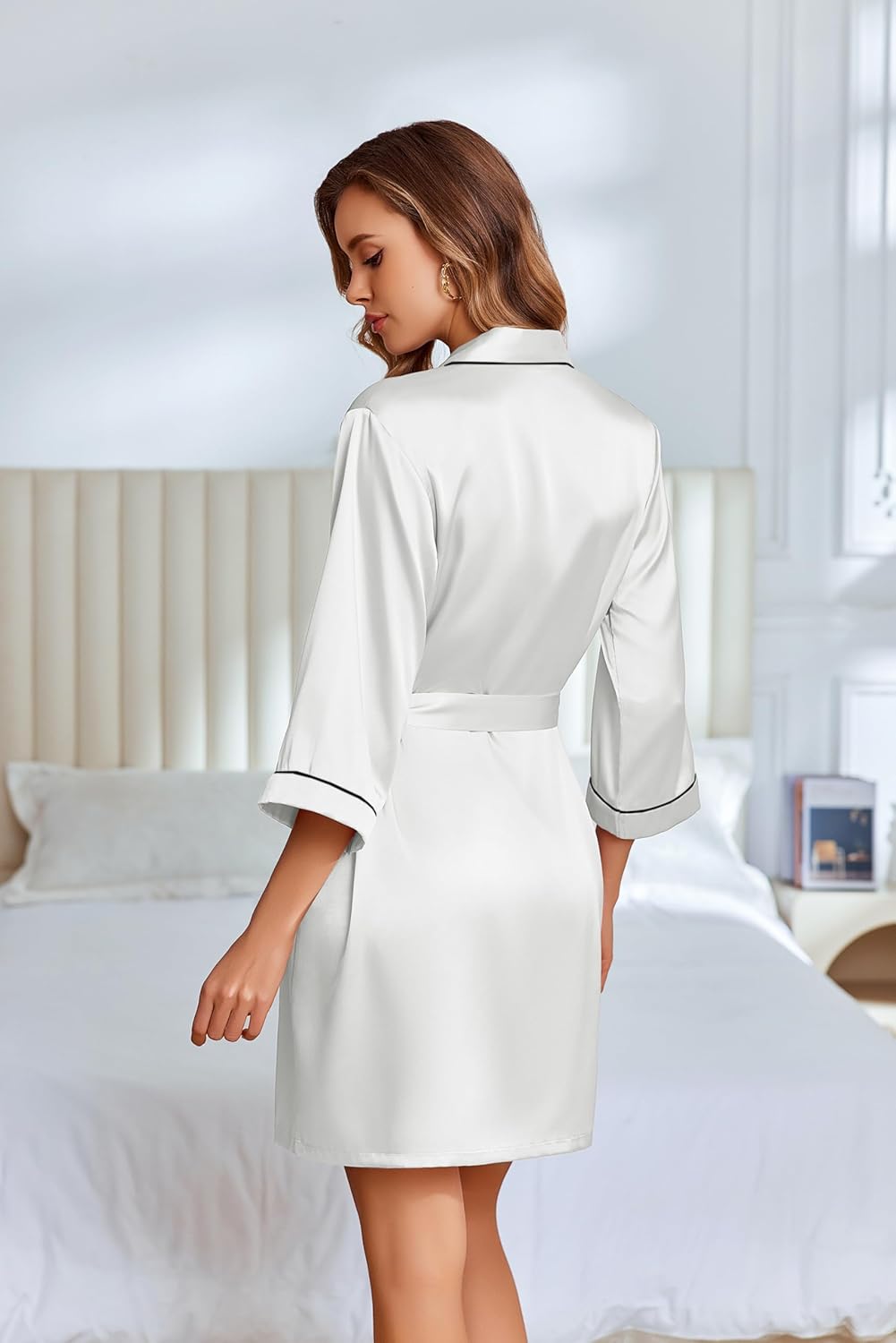 Ekouaer Silky Robes for Women Satin Knee Length Bride Bridesmaid Wedding Party Bathrobe Lightweight Sleepwear with Pockets - Image 3