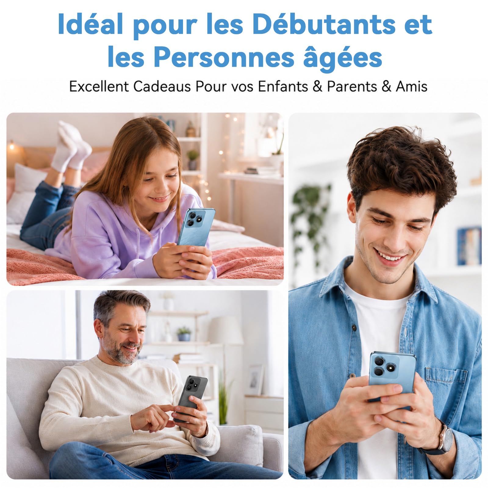 Telephone Portable Android, 6Go+64Go/TF 2To, Octa Core, Écran 6.56" HD+, Batterie 5000mAh Smartphone, 13MP+8MP, Smartphone Pas Cher 4G Dual SIM, Face ID/GPS/3Ans De Garantie - Bleu