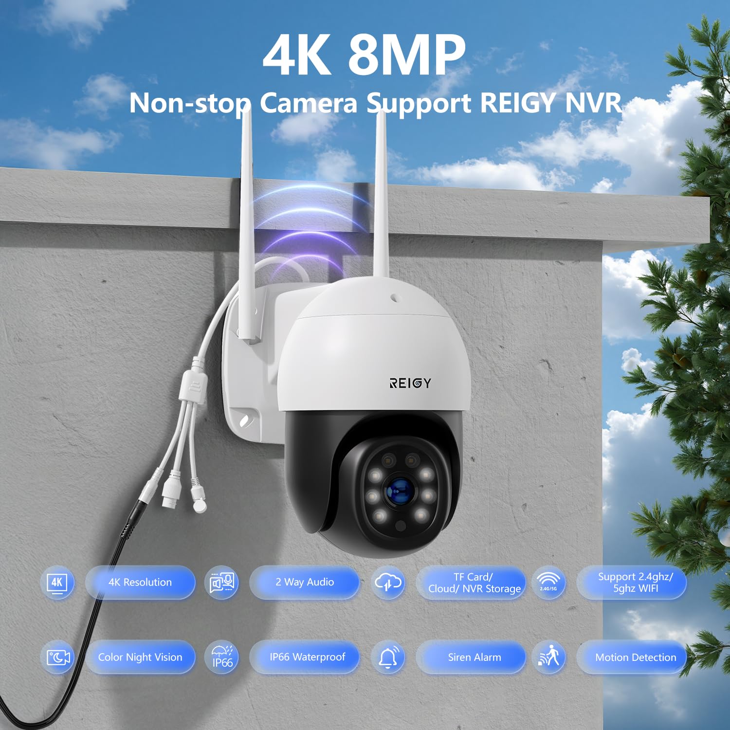 REIGY 8MP Cámara de Vigilancia WiFi Exterior 360°, Camara de Seguridad IP PT 3840*2160p, Visión Nocturna Infrarroja y Color, Audio Bidireccional, Detección de Movimiento Compatible con NVR iOS/Android