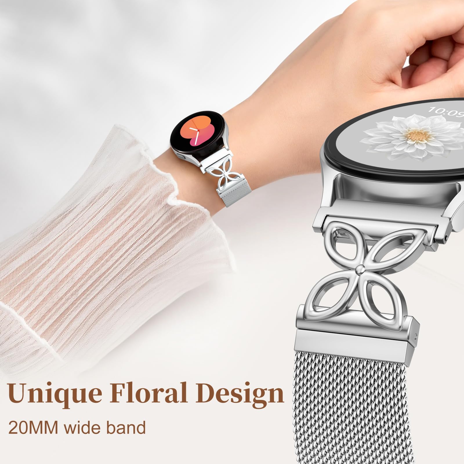 Getino Metall Magnet Armband Kompatibel mit Galaxy Watch 7, Galaxy Watch 6 Classic Band FE 5 Pro 4 Active 2 20mm, Milanese Floral Elegant Armband für Samsung Watch Armband 40mm 44mm 45