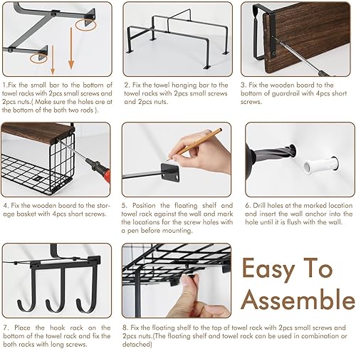 Miniatura 8 de Toalleros para baño, toallero montado en la pared para toallas enrolladas con estante de madera y 3 ganchos, almacenamiento de toallas de baño para