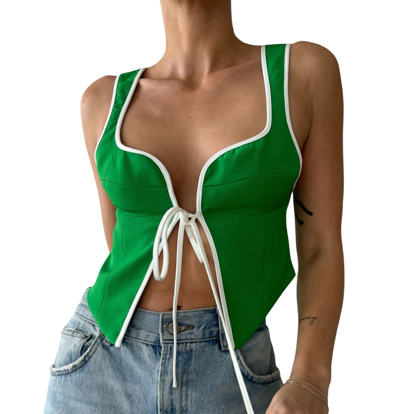 Yoawdats Women Contrast Tank Tops Y2k Open Front Tie-Up Sleeveless Backless Summer Slim Fit Crop Vest Going Out