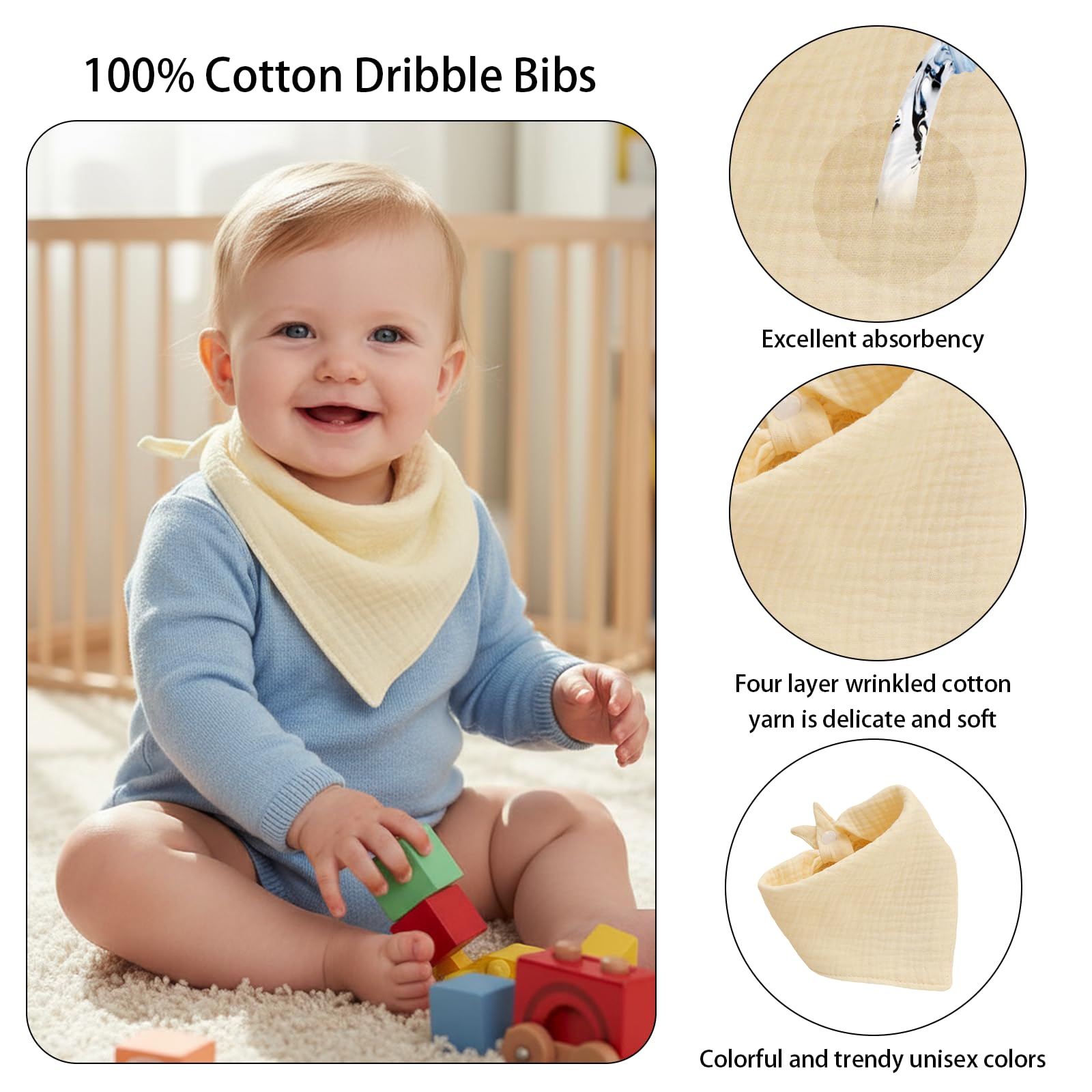 Qwrqwr Muslin Baby Dribble Bibs Weaning Bandana Bib for Newborn Infant Teething Drool Control with Adjustable Snap Closure Soft Ultra-Absorbent Organic Cotton - Image 3