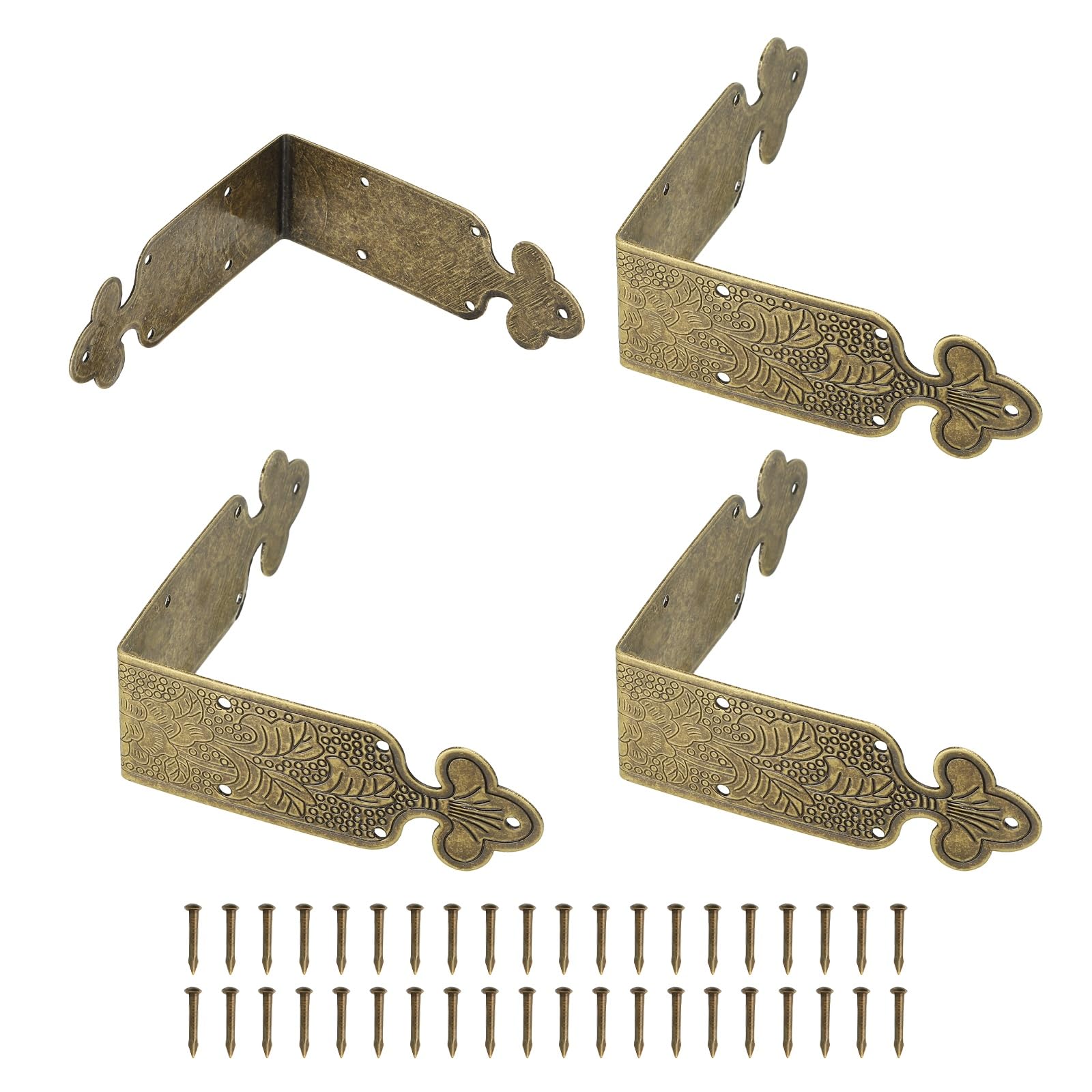 sourcing map 4 Pcs L Shaped Vintage Corner Protectors, 65 x 24 mm Decorative Guards, Protector Corner Braces with 40Pcs Nails for Cabinets Furniture Wooden Boxes, Bronze