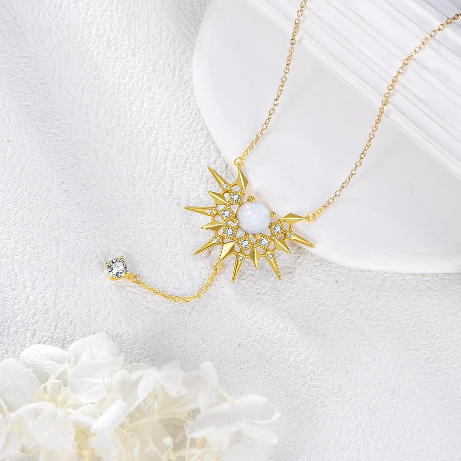 Moissanite Sun Y-Necklace for Women, 925 Sterling Silver 8mm Opal Sun Celestial Pendant Necklace, 18k Gold-Plated Celestial Jewelry Gift for Wife Mom Anniversary Birthday, 18+2 Inch