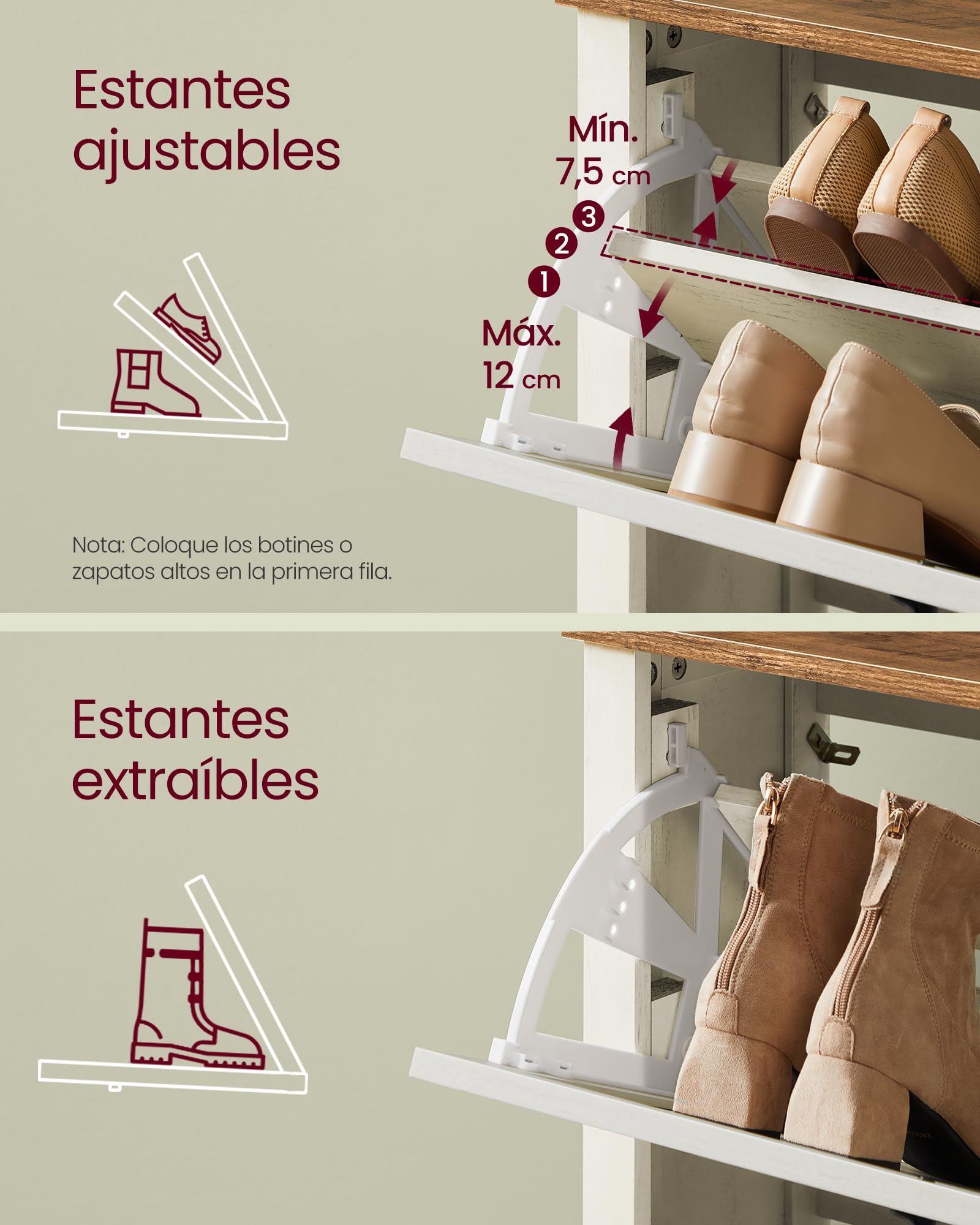 VASAGLE LIRY Colección - Mueble Zapatero, con 2 Cajones Abatibles, Zapatero Estrecho Independiente para Entrada, Estilo Rústico, para 12 a 16 Pares, Blanco Rústico HSC201W01