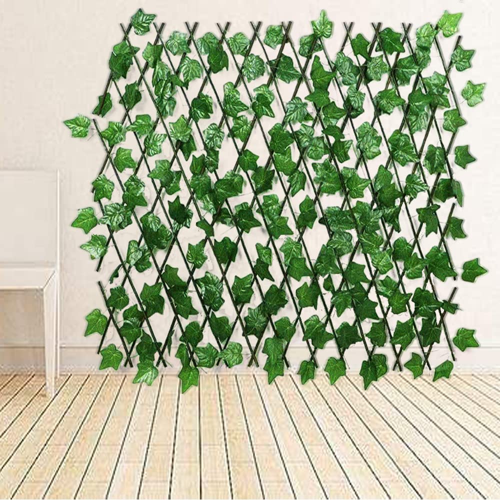 LINGWEI Bamboo Wooden Fence With Artificial Plants Green Ivy Leaf Expandable Wicker For Home Wall Decoration Garden Home 4pcs