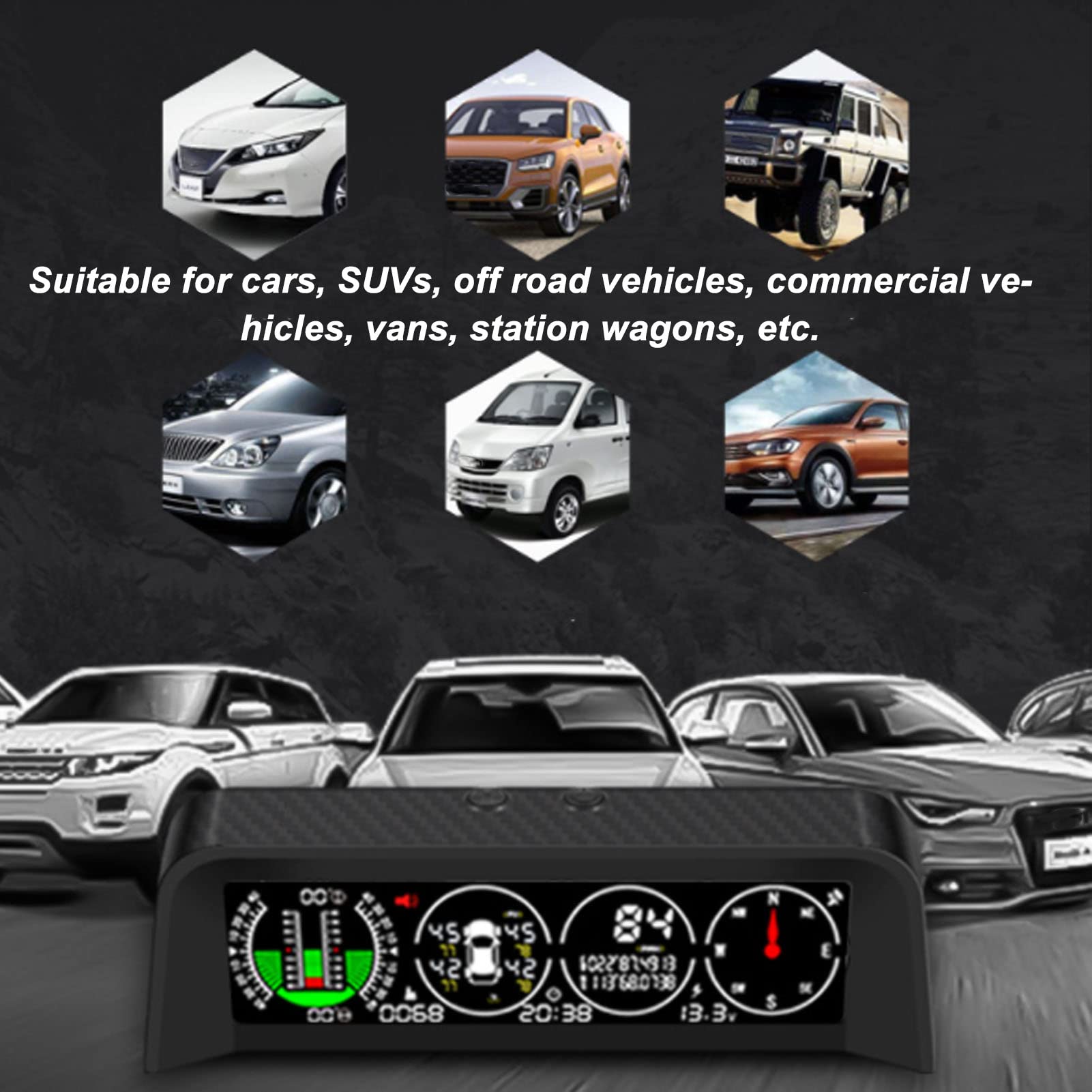 Pantalla HUD Head Up para automóvil y Reproductor de Video con de monitoreo de presión de neumáticos, inclinómetro Digital, medidor de Interfaz OBD2 para Velocidad de RPM,