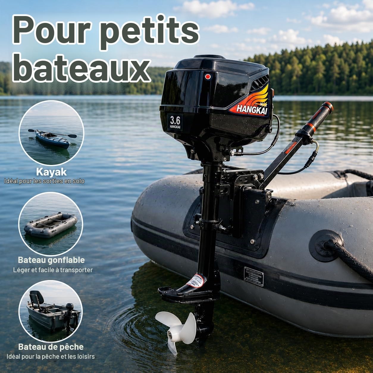Bateau hors-bord 90 cm, bateau gonflable avec moteur, moteur de bateau de pêche, moteur de bateau à 2 temps pour kayak, canoë et petits véhicules nautiques, noir, nylon et aluminium, pour loisirs et