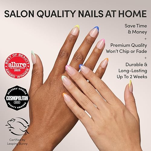 Miniatura 2 de Glamnetic - Sprinkles Uñas postizas arcoíris con punta francesa, cortas en punta de almendra y acabado UV, uñas reutilizables semitransparentes