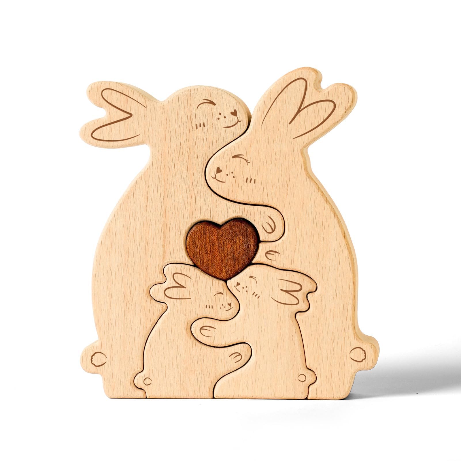 Uniwooder Wooden Rabbit Family Puzzle, Personalized Wooden Puzzle Customized 4 Name Puzzle for Home Crafts Decor House Warming Birthday Family Party