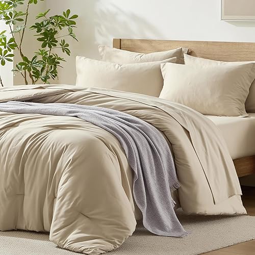 Homelike Moment Queen Comforter Set with Sheets, 7 Piece Beige Comforter Set Queen Size, Full Size Bed in a Bag Lightweight and Machine Washable