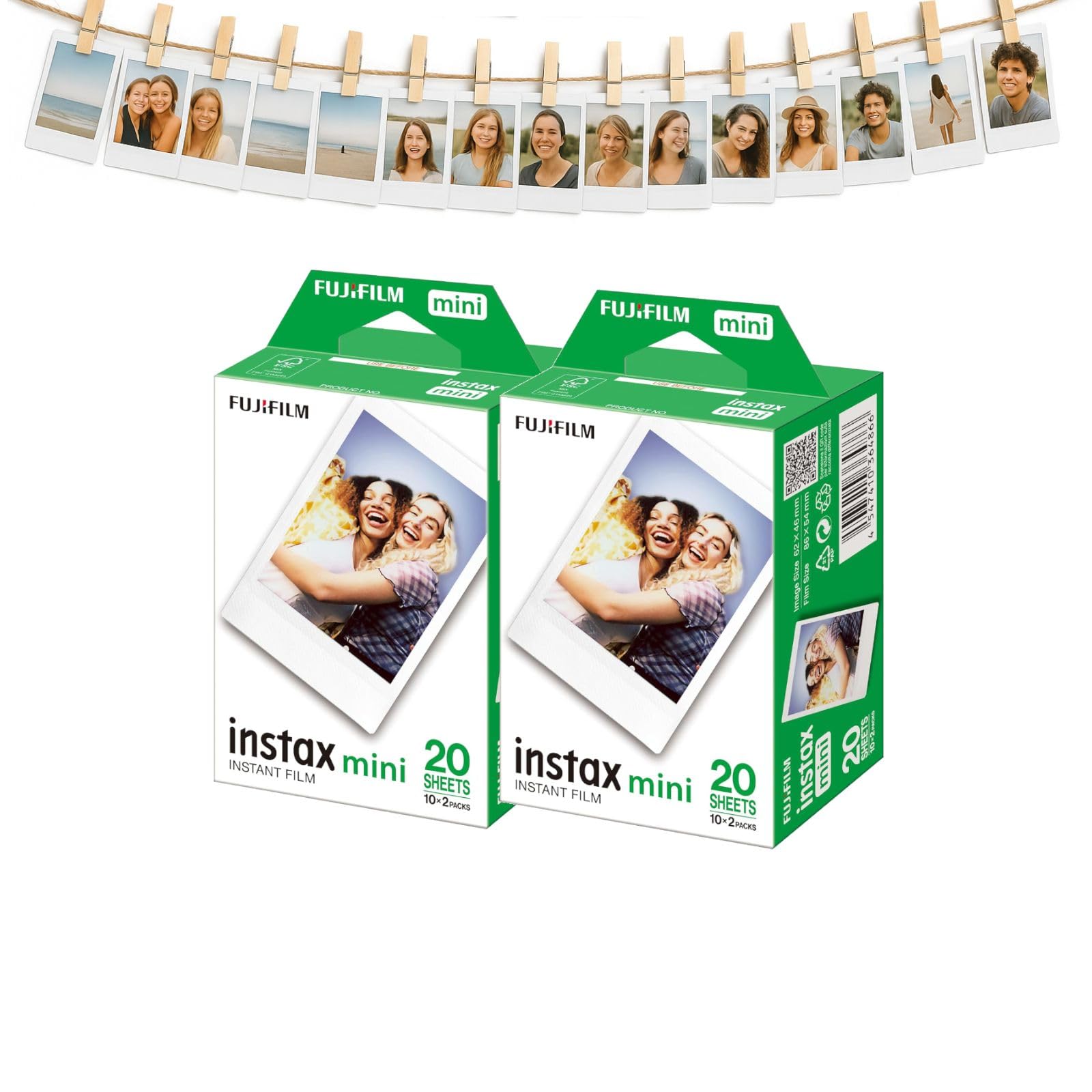 Fujifilm Instax Mini Sofortbildfilm 2x20 (40 Fotos) + Aufhänge-Set mit Klammern & Leine - MALUI Bundle (40 Filme)