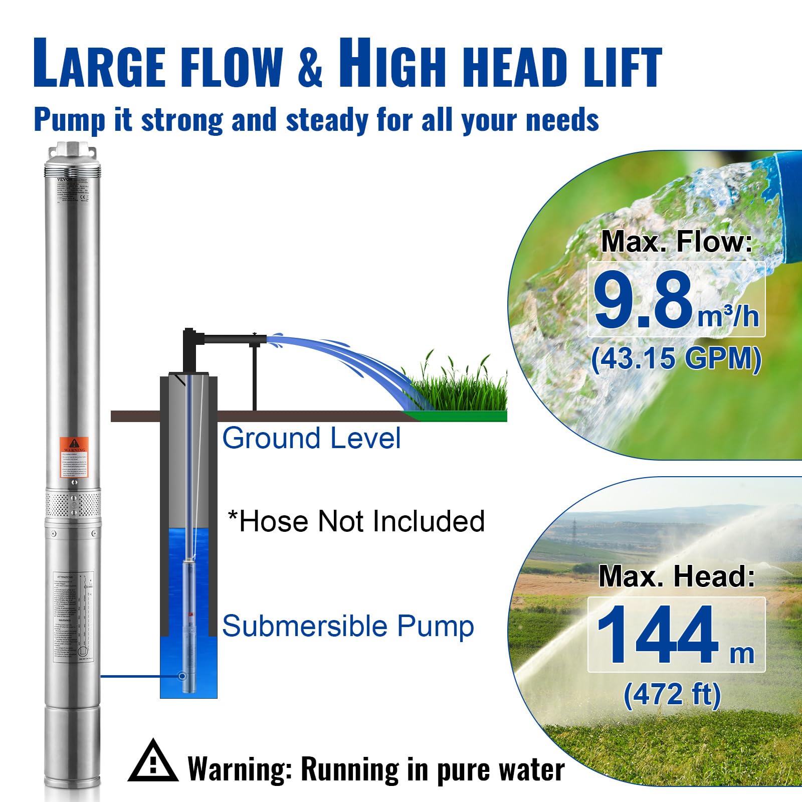 VEVOR Pompe Immergée pour Puits Profond 2200 W Acier Inoxydable 9,8 m³/h 144 m IP68