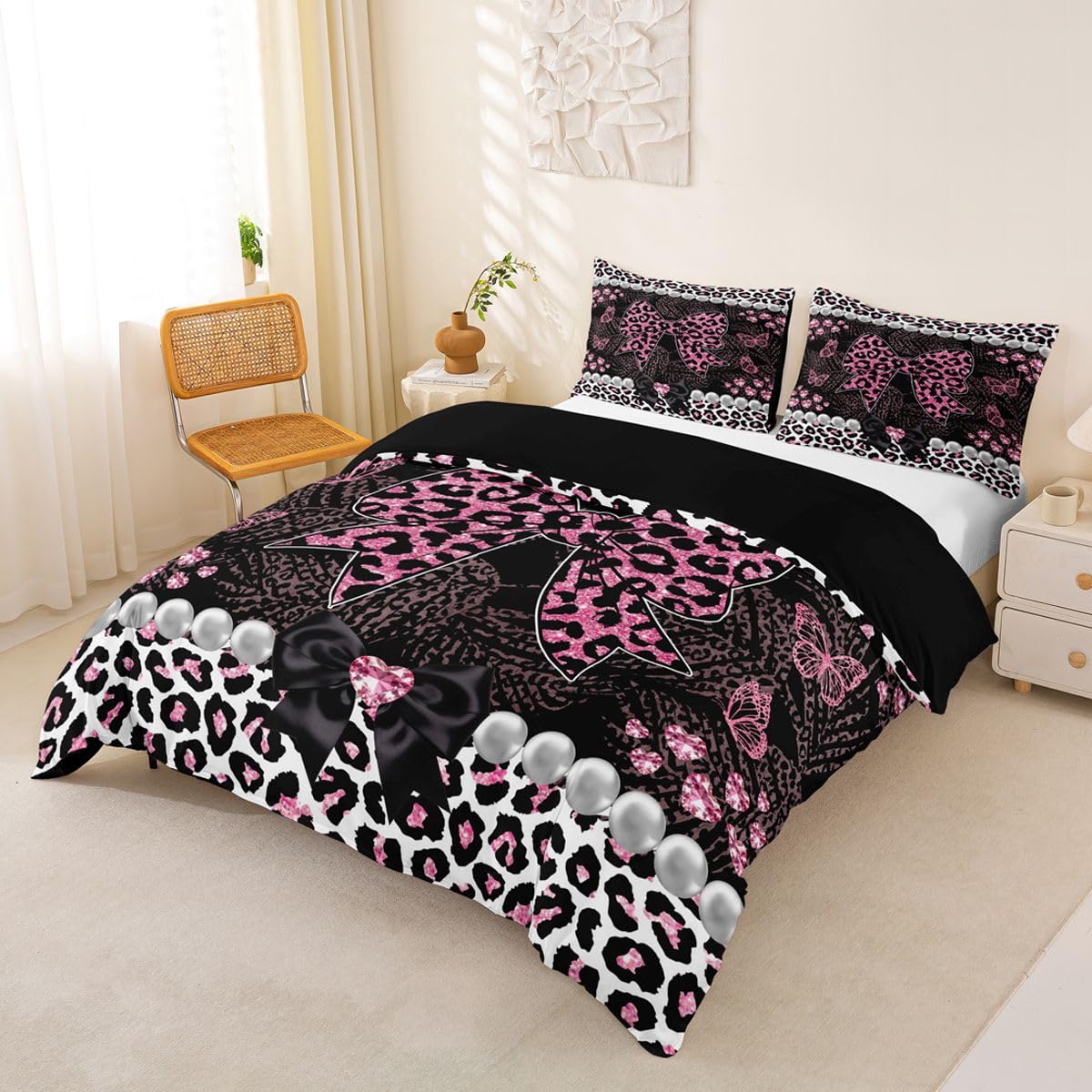 Homewish Kokarda perła dziki safari gepard kot wzór różowy super king zestaw pościeli Panthera Leopard nadruk poszewka na kołdrę motyl poszewka na kołdrę kokarda zestawy łóżek