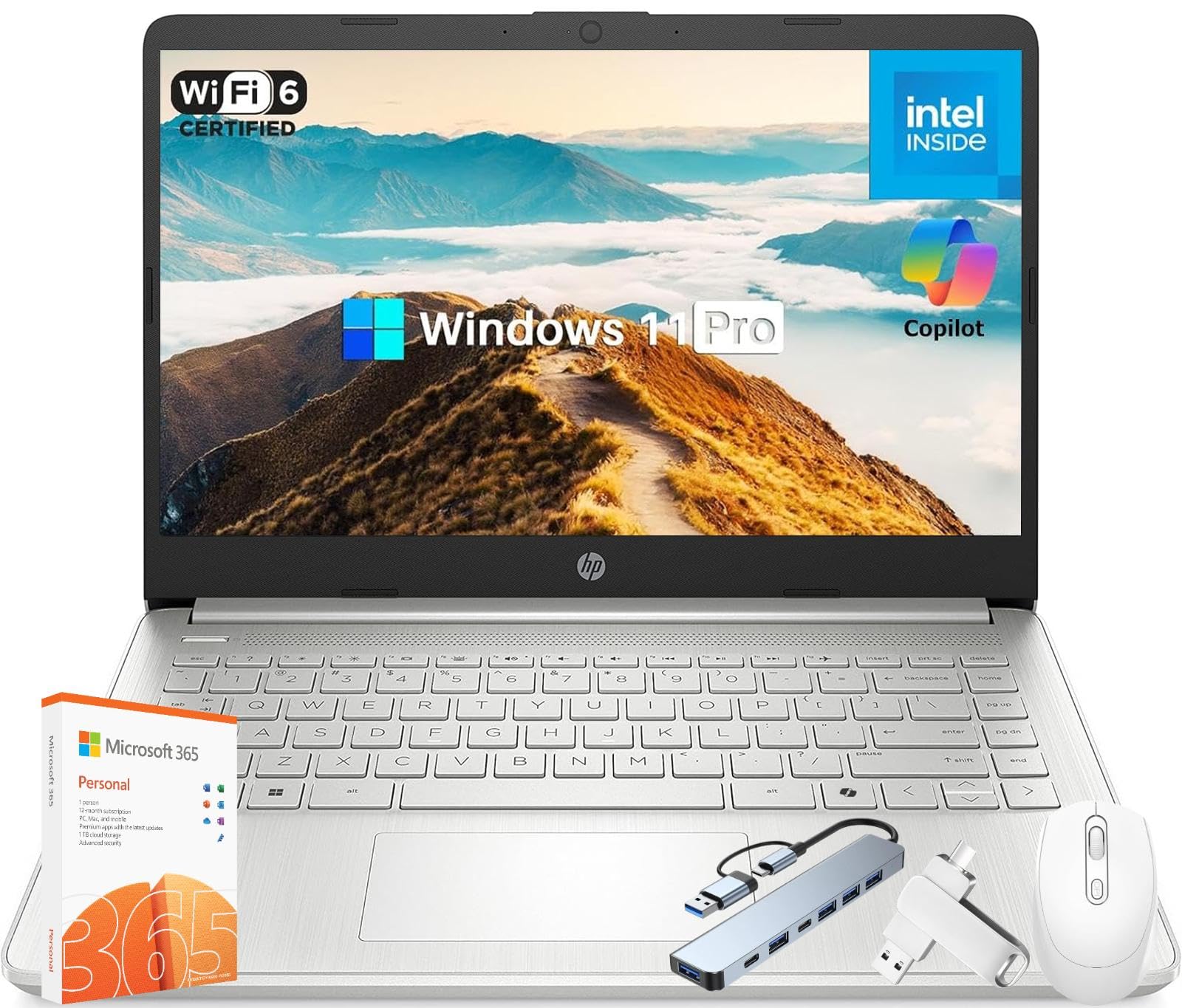 2025 Laptop for Student Business, 14" Anti-Glare, Intel N150 CPU, 16GB RAM, 384GB Storage(128GB UFS+256GB MSD),128GB USB, Wi-Fi 6, Copilot AI & 1 Year Microsoft 365, Windows 11 Pro, w/Accessories