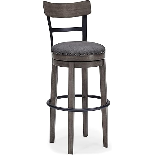 Signature Design by Ashley Caitbrook 30" Farmhouse Bar Height Upholstered Swivel Barstool, Gray