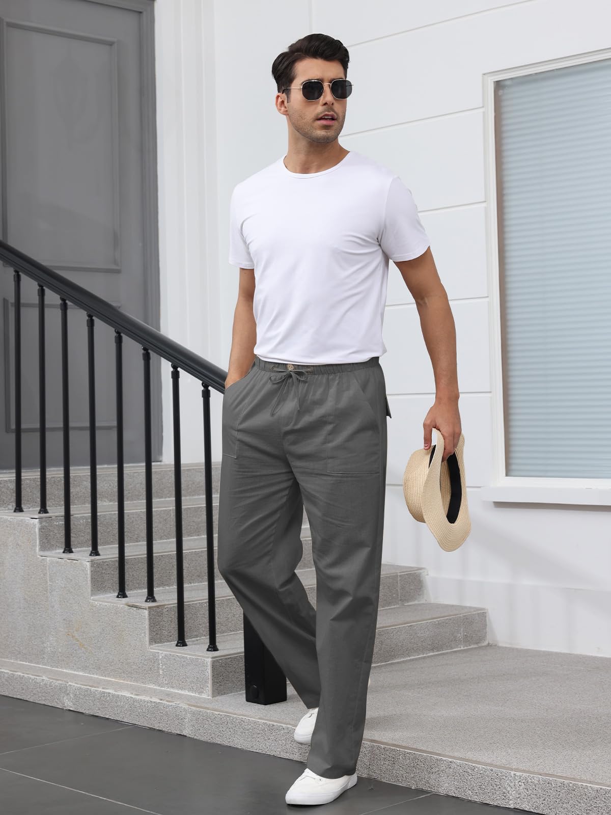 Pantalon Lino Hombre Pantalones Holgados de Ocio Pantalones Ligeros de Verano para Hombre con Bolsillos, Cintura Elástica y Cordón