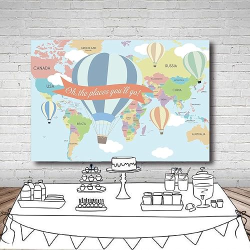 Miniatura 5 de MEHOFOND Cartel de fotos de fondo de 7 x 5 pies para decoración de fiesta de cumpleaños con mapa de viaje alrededor del mundo, globo aerostático Oh