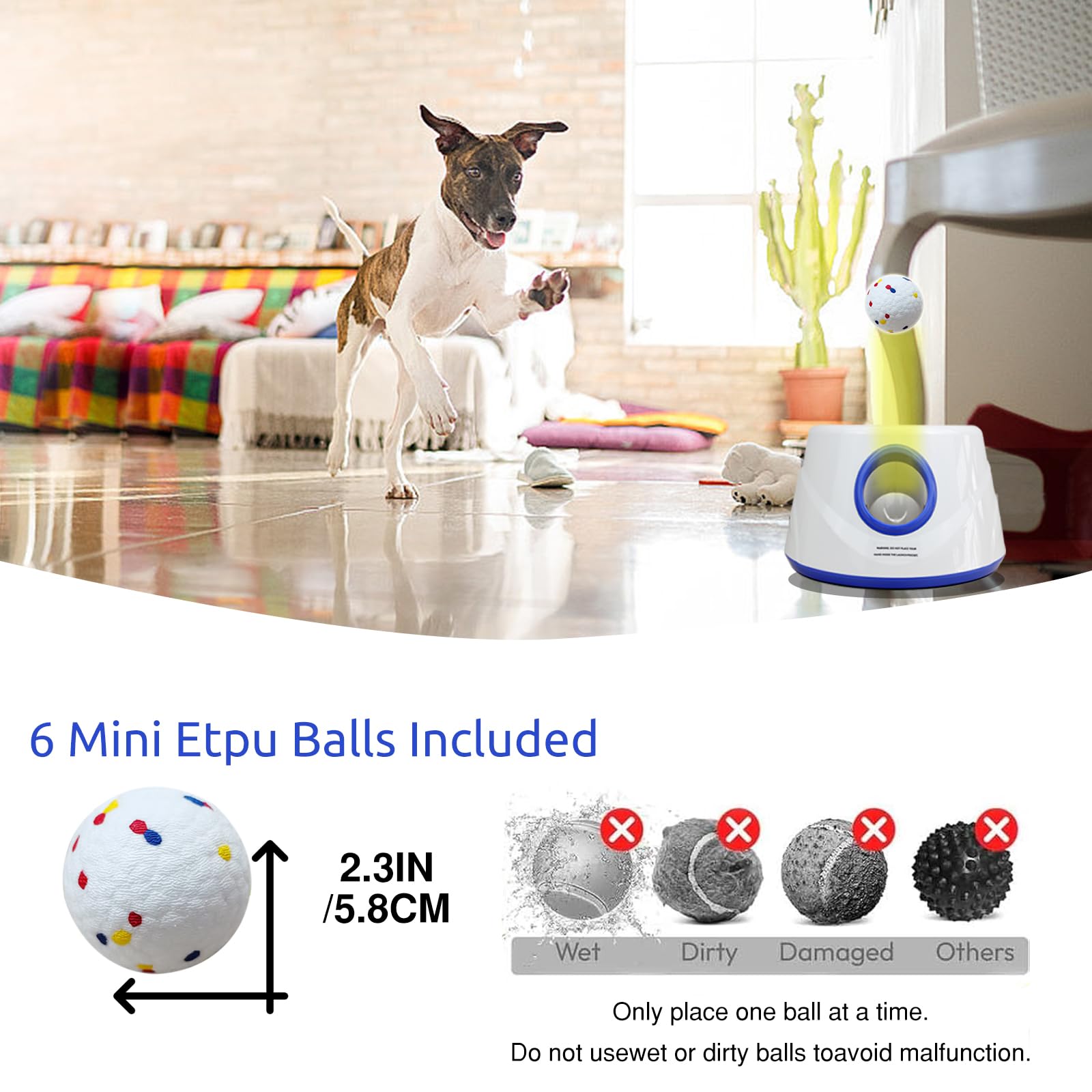 Lanceur automatique de balles pour chien, 3 distances réglables de 6 à 13 m, avec 6 balles ETPU de 5,8 cm, pour chiens de petite et moyenne taille, jouets interactifs d'intérieur et d'extérieur