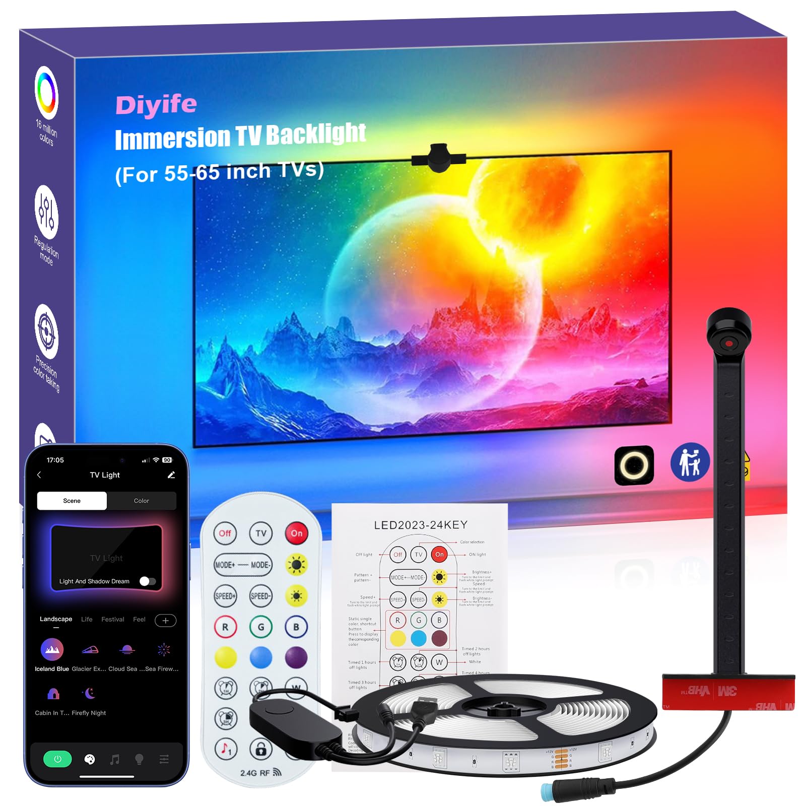 Diyife Striscia Led, [Versione Aggiornata] LED TV Retroilluminazione, sensori AR rilevano il colore, 4 M Strisce LED con App Controllato e Controller per TV da 55-65 Pollici,PC Monitor, Film e Giochi