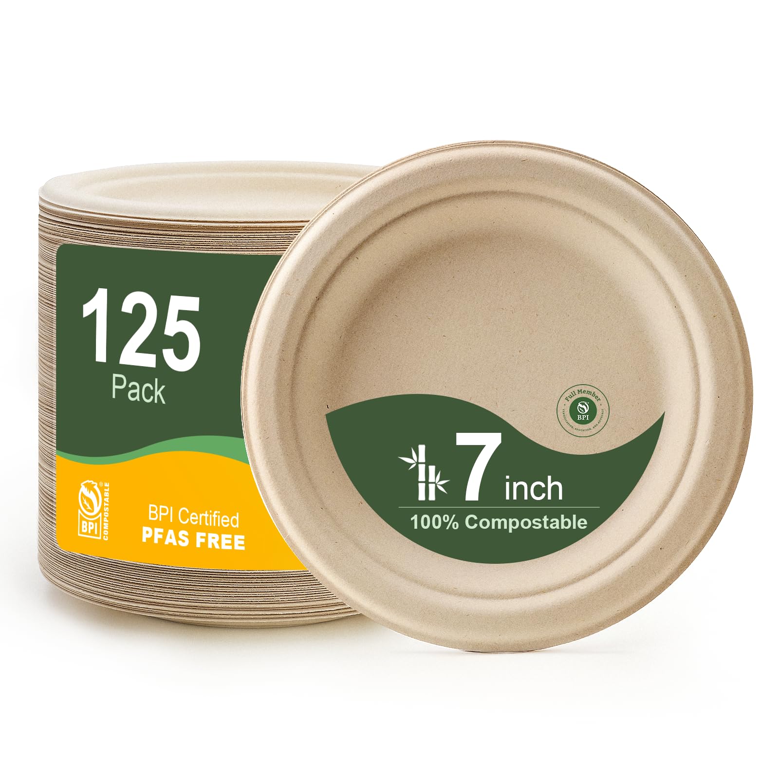 Brown Plates 125-Pack Compostable Paper Plates 7 Inch - Heavy Duty PFAS ...