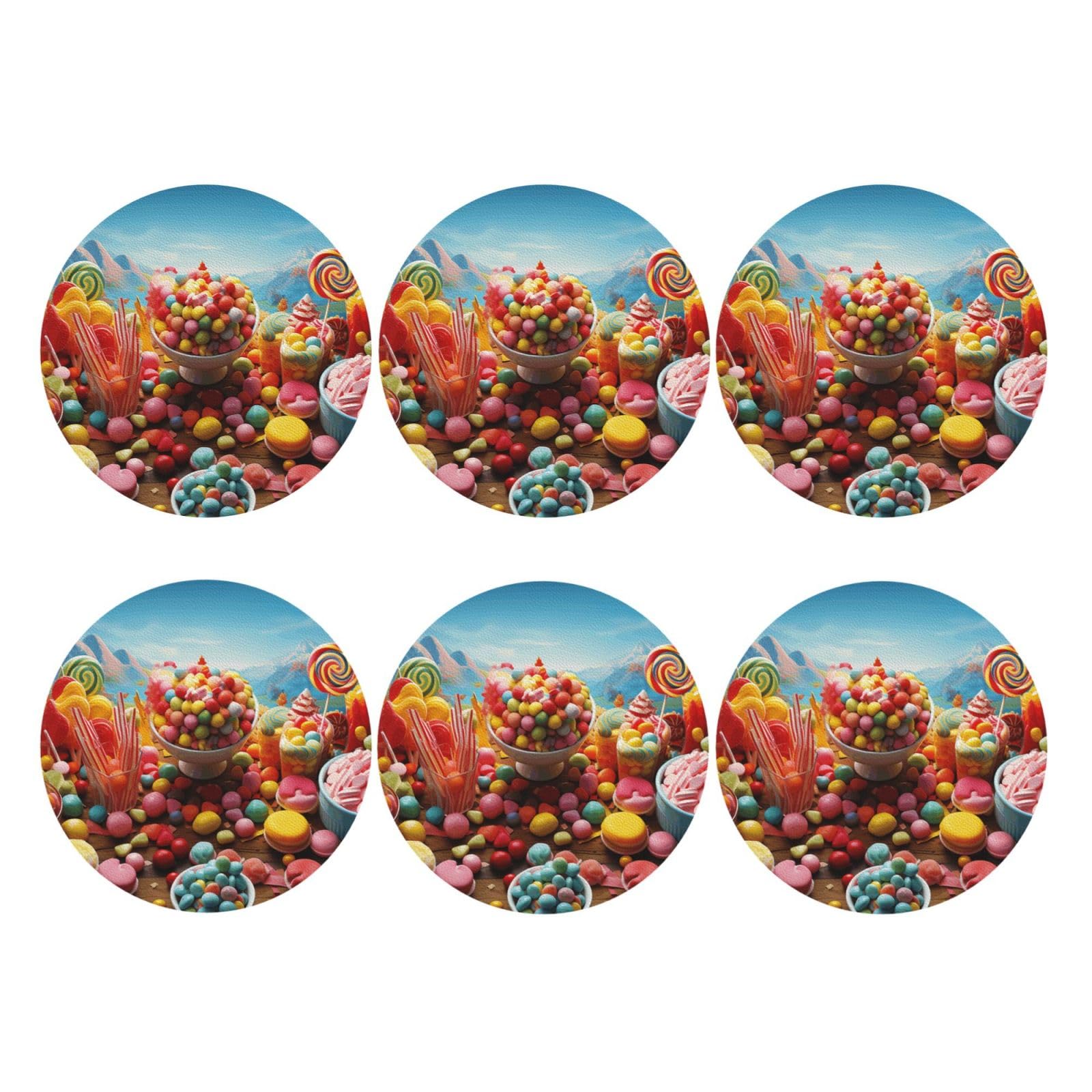 6Pcs PU Leather Coaster for Drinks, Candy Poster Cup Coastersr 4" Cup Mat Pad, Aesthetic Drink Coasters for Coffee Table, Round Shape Coaster for Tabletop Protection