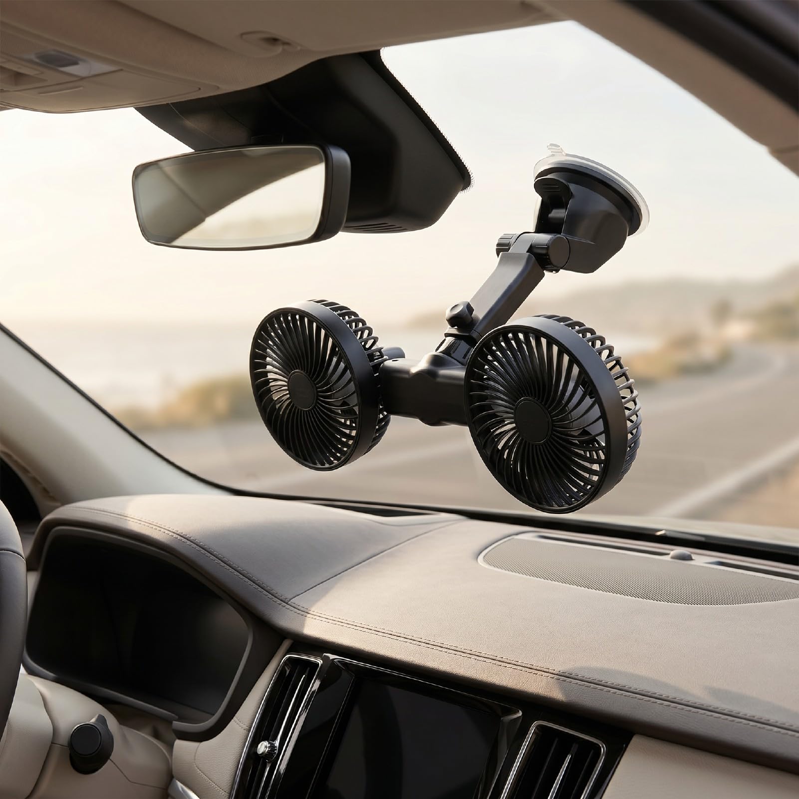 Tosuny Ventilador de Coche de Doble Cabezal con Ventosa, Ventilador de Camión Ajustable de 360°, Recargable de 3600mAh, Fuerte Flujo de Aire para Semirremolque RV Van Cab (BLACK)