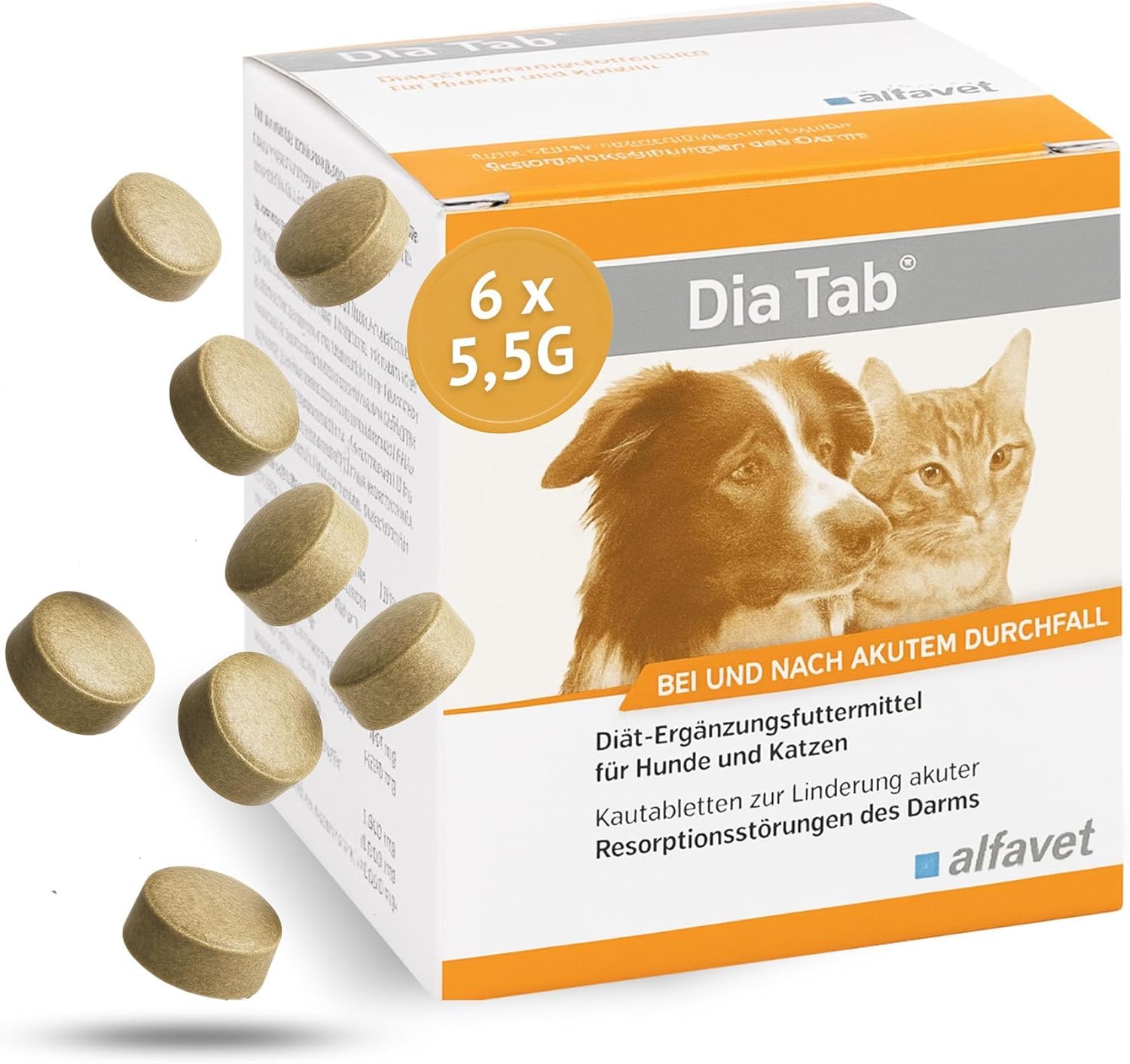 alfavet Dia Tab, complément Alimentaire diététique pour Chiens et Chats, comprimés à mâcher Contre la diarrhée et Les vomissements, 6 x 5,5 g