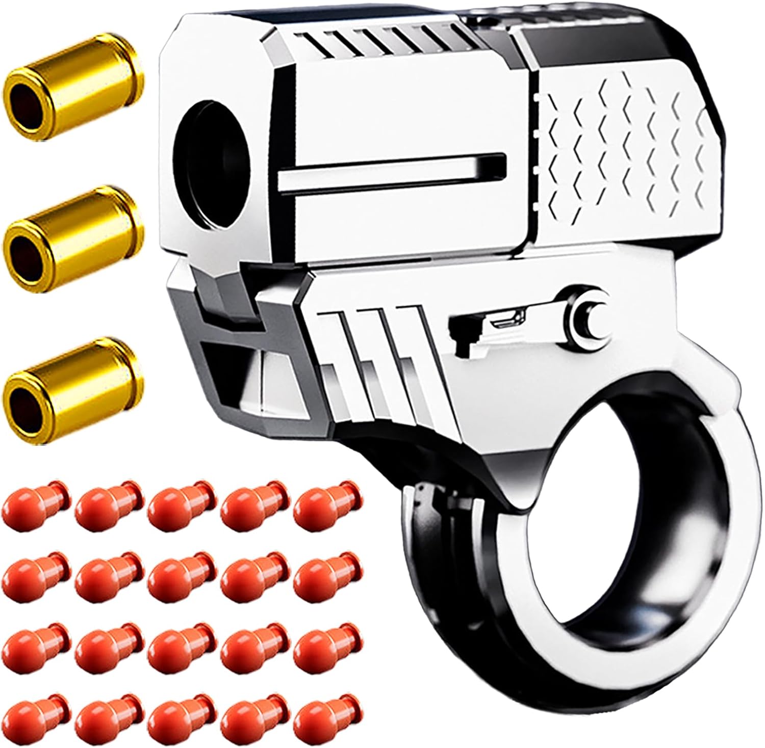 EDC Finger Fidget Toy Ring – Alloy Stress Relief Launcher for Adults with Simulated Pop-Out Action and Soft Capsules (Electro Silver)