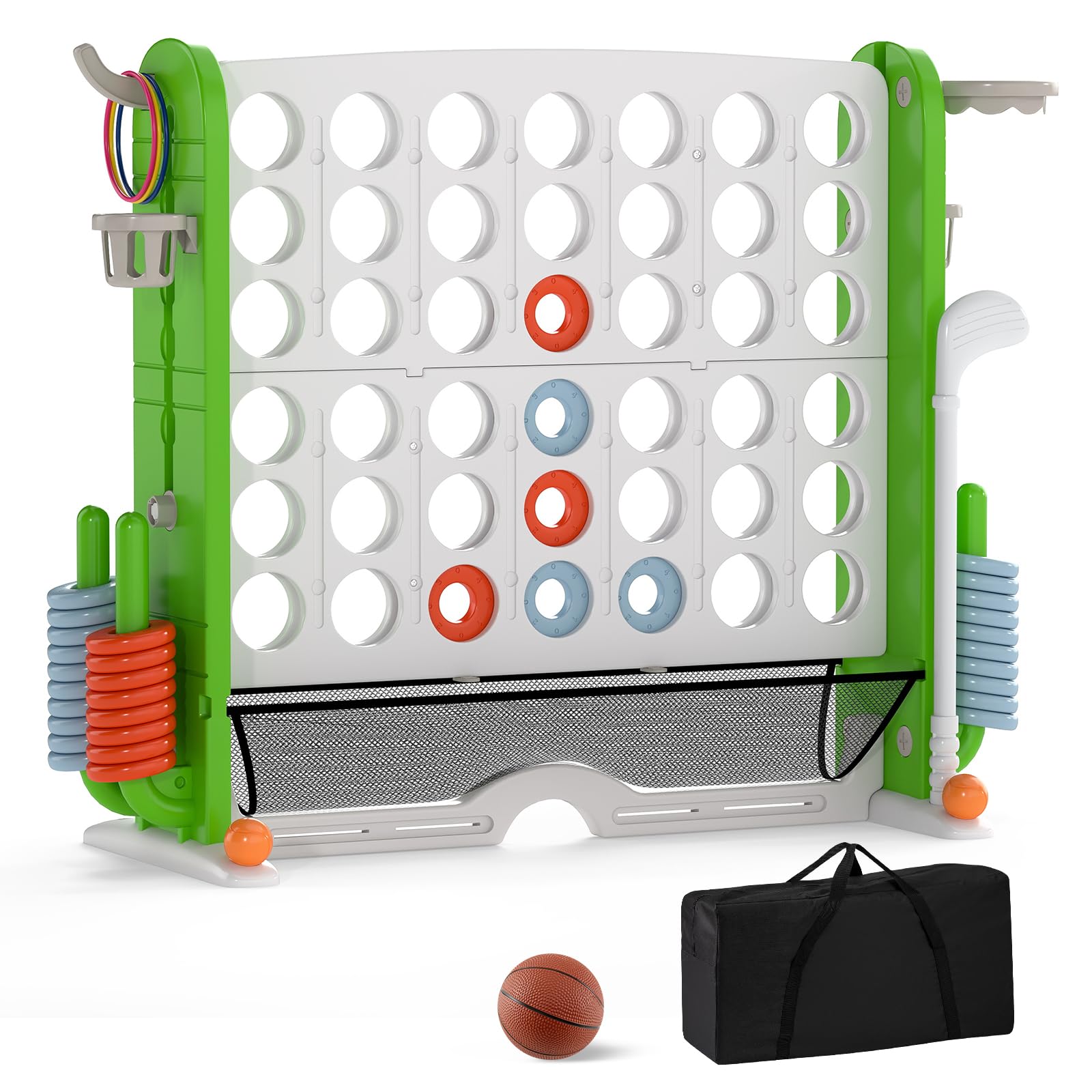 COSTWAY Giant Connect 4, Four in A Row Game Set with 42 Chess Rings, 3 Toss Rings, Basketball Hoop, Mesh Pocket & Carrying Bag, Indoor Outdoor 4-to-Score Games for Kids Adults (White + Green)