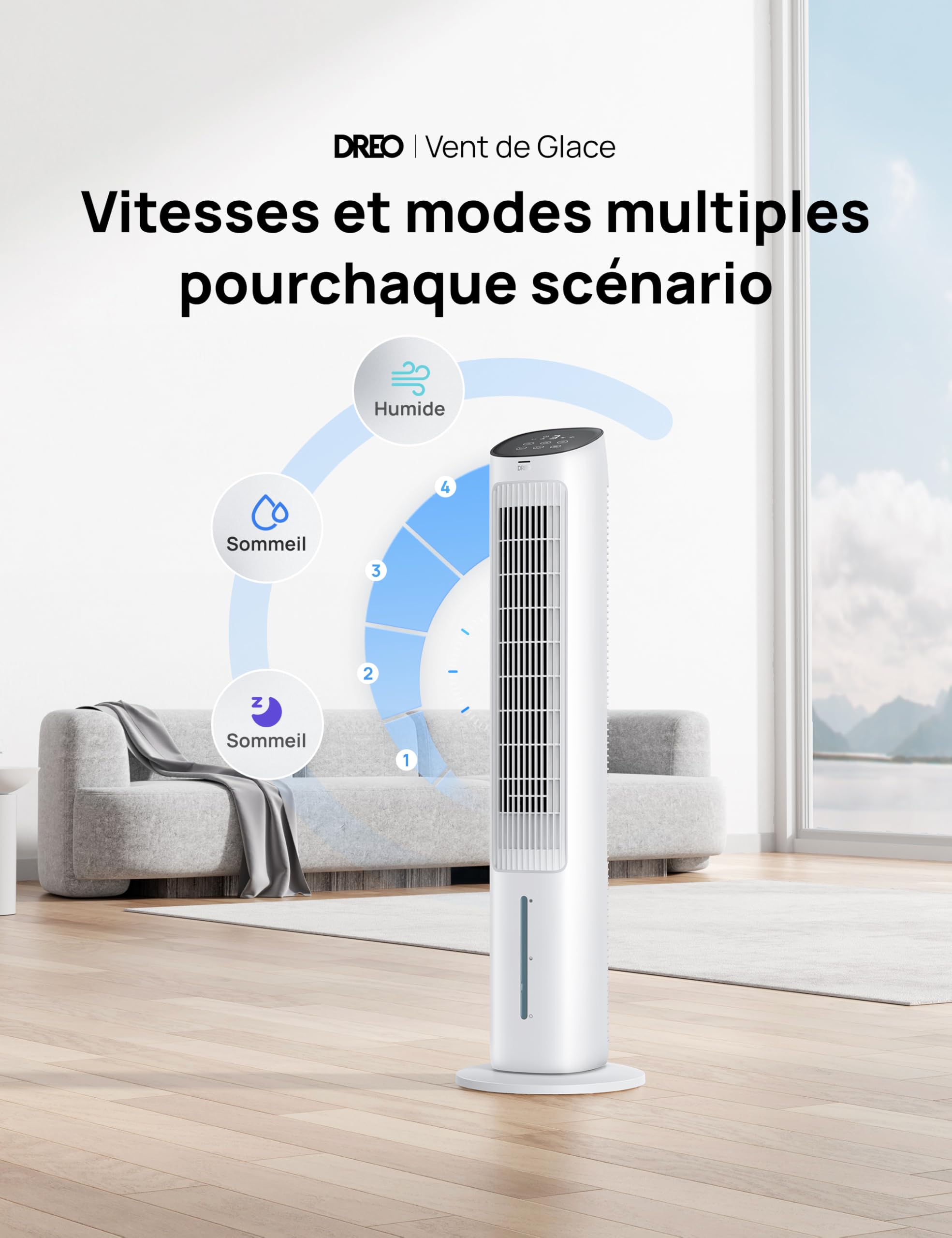 DREO Ventilateur Tour avec Refroidissement, Ventilateur Silencieux avec Refroidissement par Eau, Rafraîchisseur d’Air Évaporatif 40 Pouces, Oscillation à 80°, 3 Modes, 4 Vitesses, Télécommande, Blanc