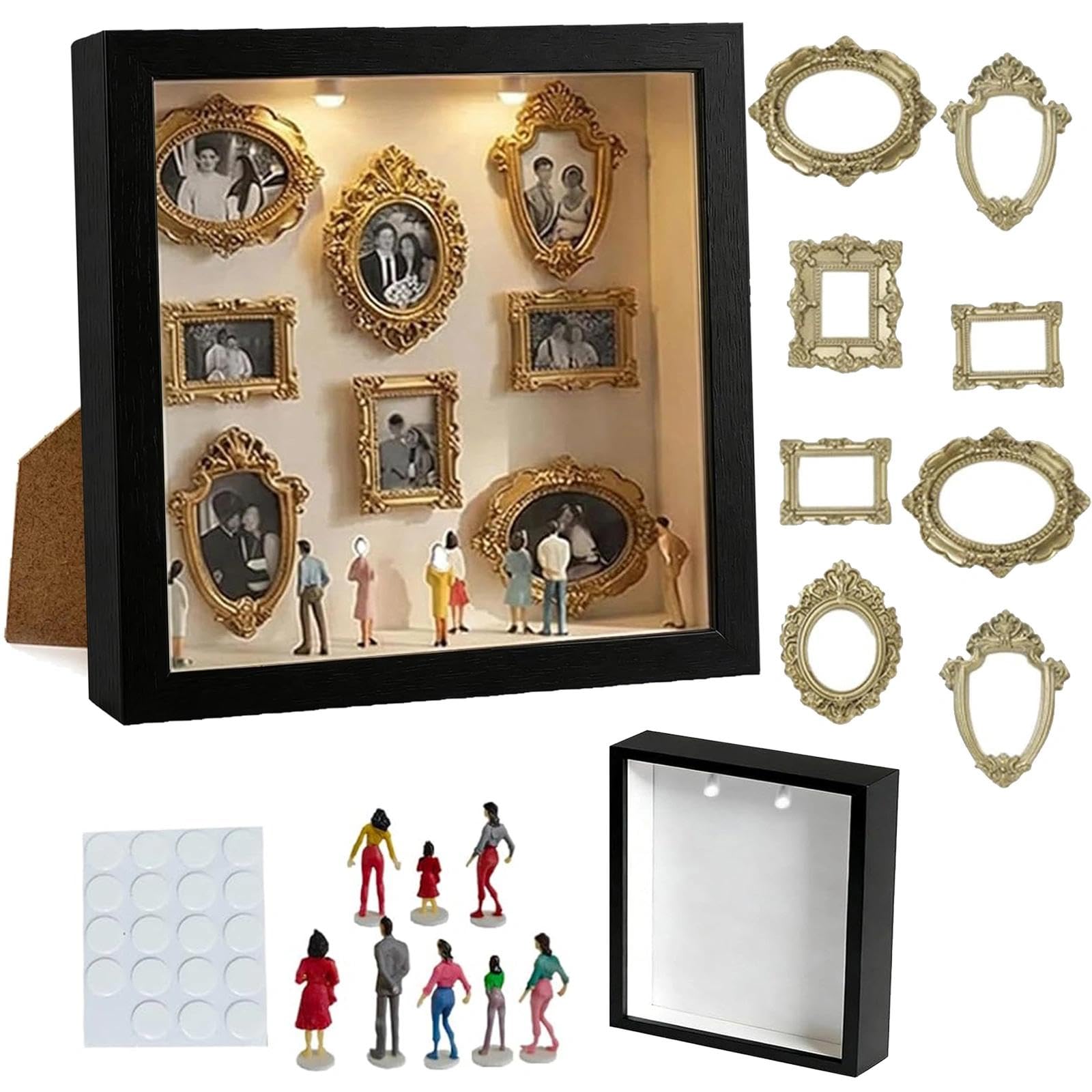 Aoisyesbig DIY-Mini-Museums-Silhouettenbox Foto-Erinnerungsset:Bilderrahmen mit LED-Licht, 8 Mini-Goldrahmen 8 Figuren, Jubiläum, Hochzeit, Wohndekoration