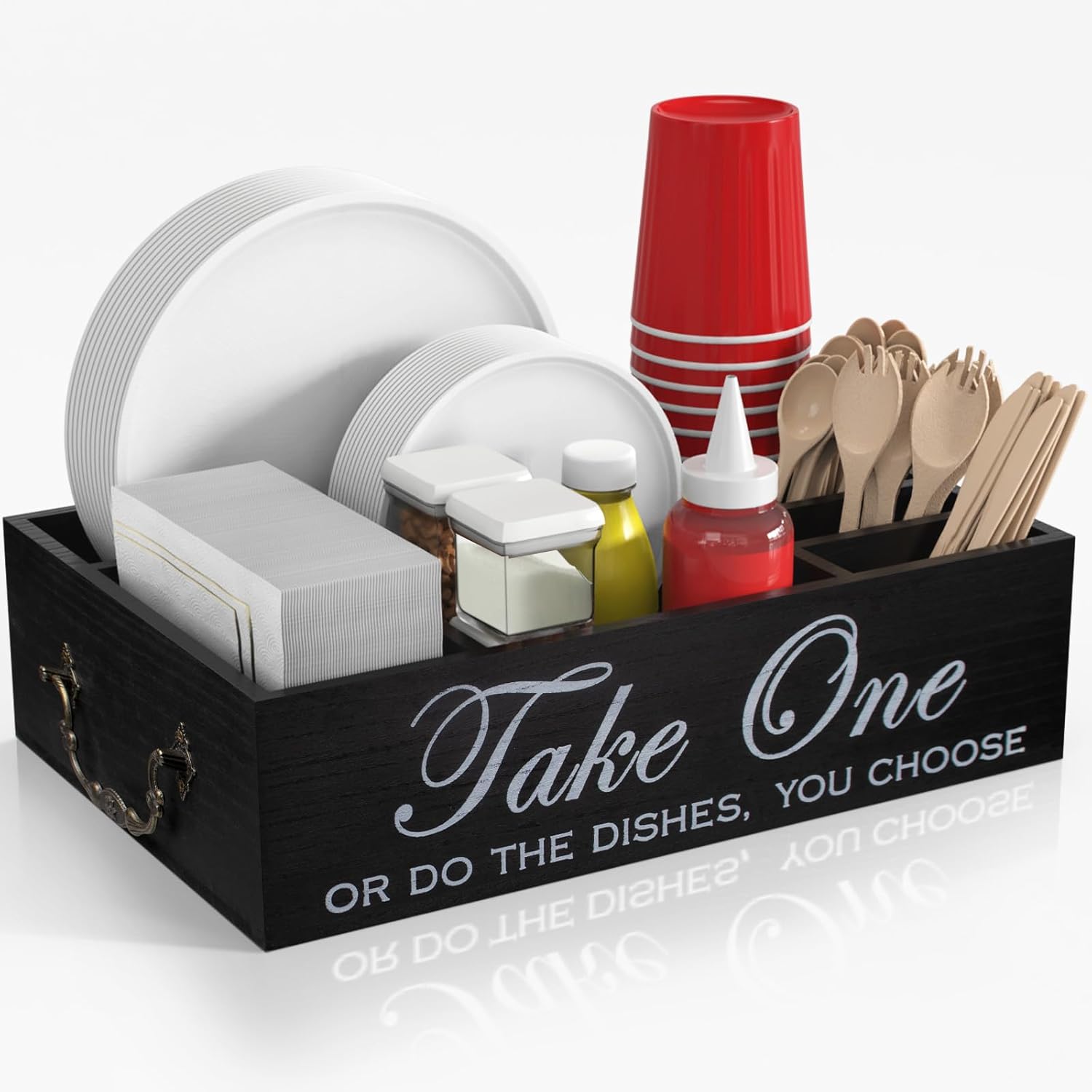 Paper Plate Holder for Kitchen Counter, Utensil Caddy Organizer, Wood Disposable Paper Plate Dispenser for Cup, Plate, Fork, Spoon, Napkin, Silverware Holder for Party, Picnic