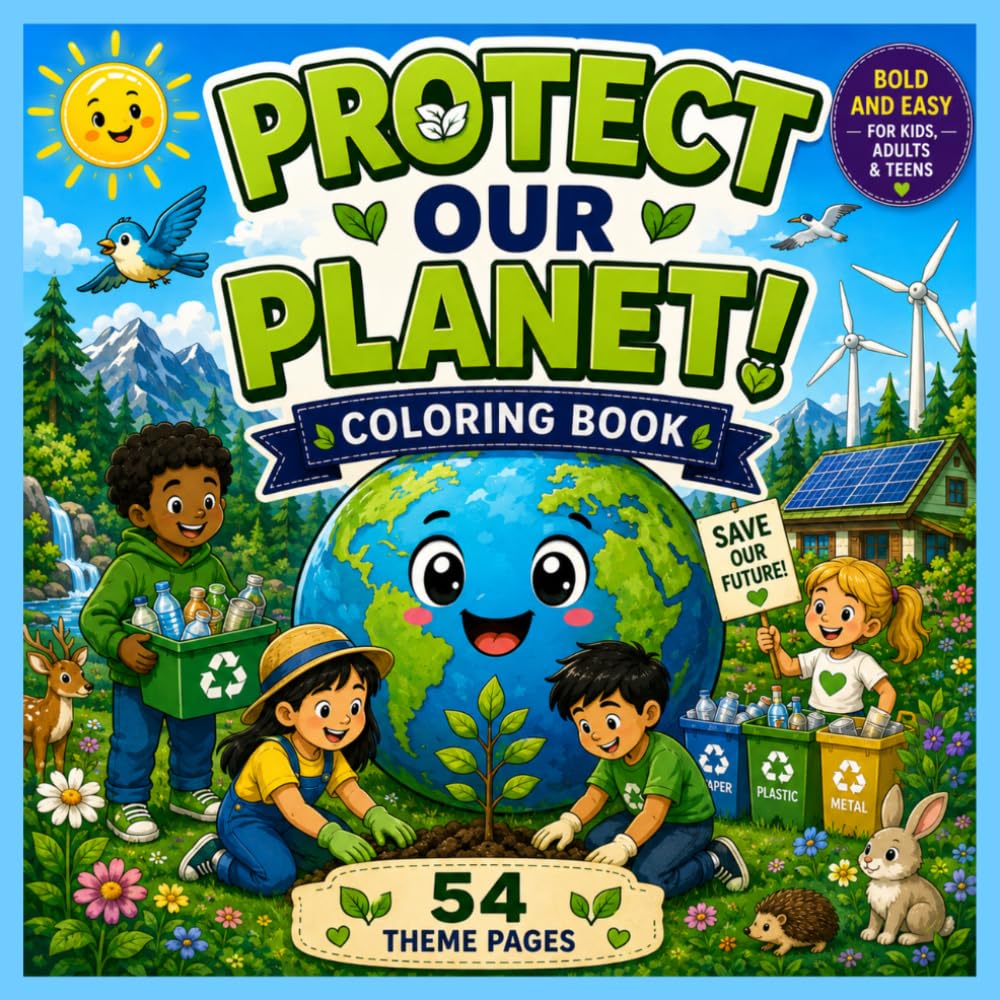 PROTECT OUR PLANET!: Bold Coloring Book for Kids & Adults. 54 Environmental Activities. Learn, Color, Recycle, Save Nature and Build Eco-Friendly Habits