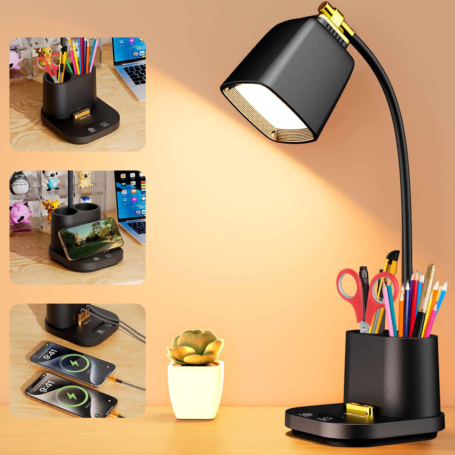Desk Lamp with USB Charging Ports & Organizer, Small Table L
