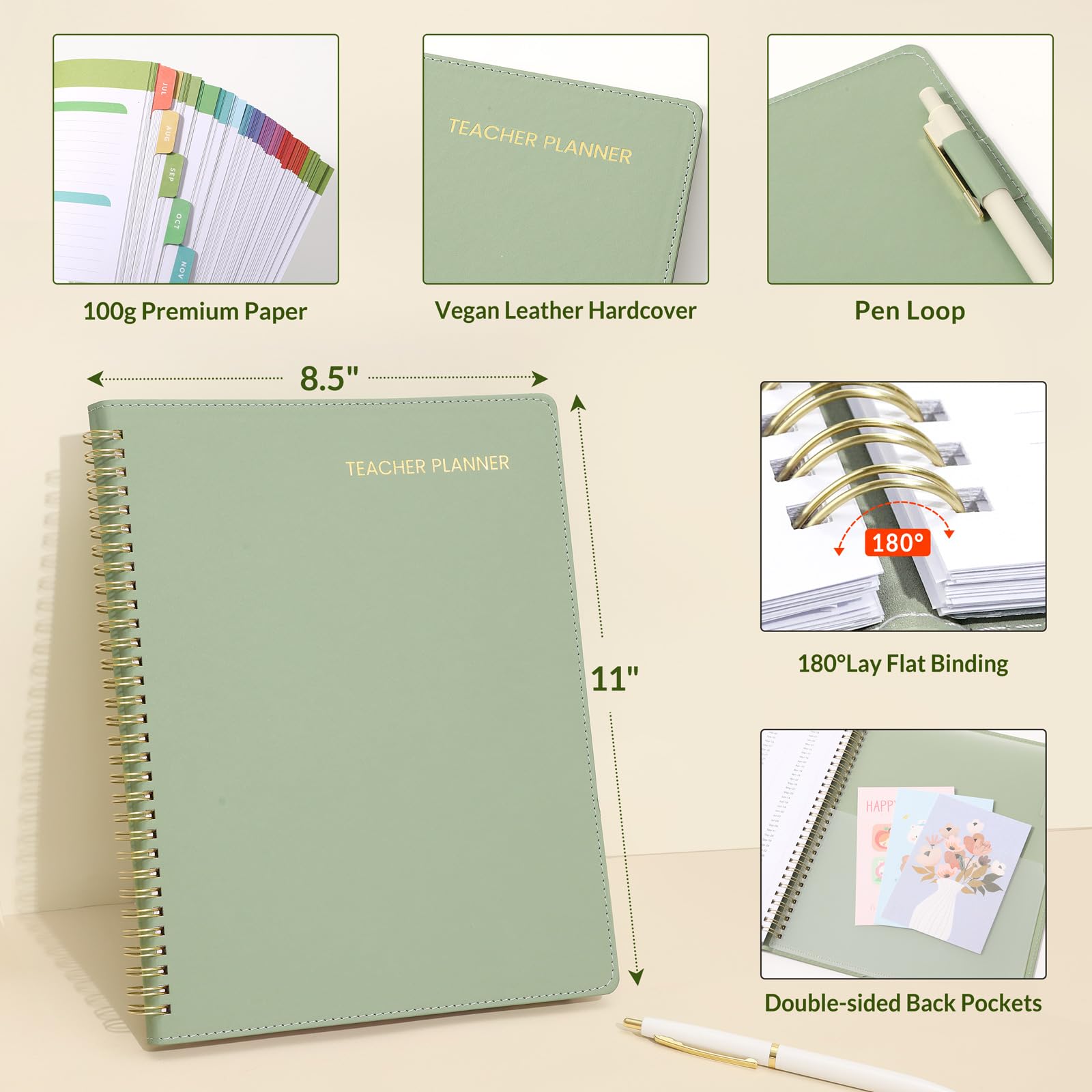 SUNEE - Agenda per insegnanti 2024-2025, agenda giornaliera, settimanale e mensile, da luglio 2024 a giugno 2025, con copertina in pelle vegana, cartellina tascabile, linguette colorate, verde