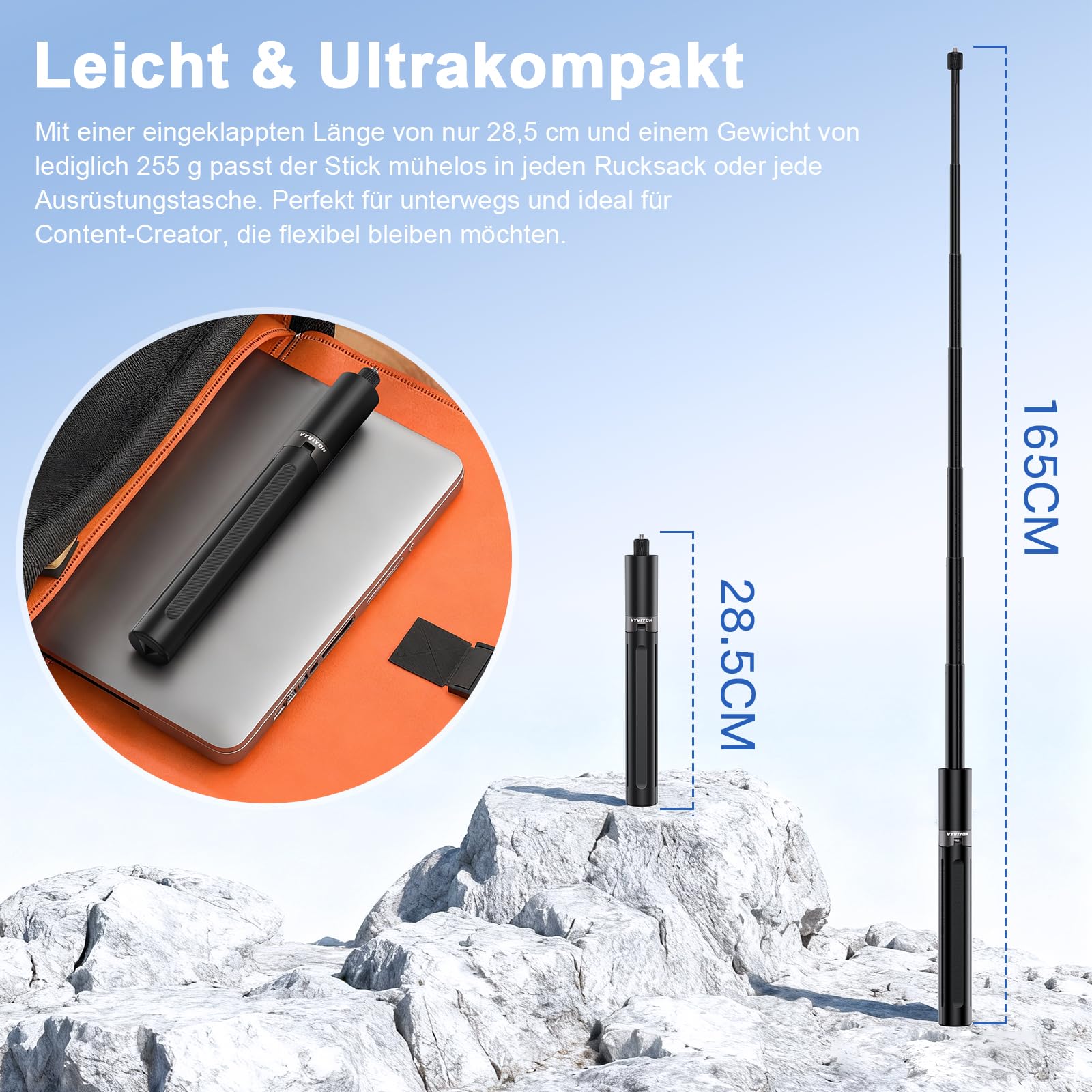 Unsichtbarer Selfiestick Stativ 165cm, 2-in-1 Teleskop-Monopod für Insta360 X5/X4/ONE X2, 1/4" Zoll Handheld Pole Stick mit GoPro-Adapter für GoPro, DJI Osmo Pocket 3, Action 5 Pro/4