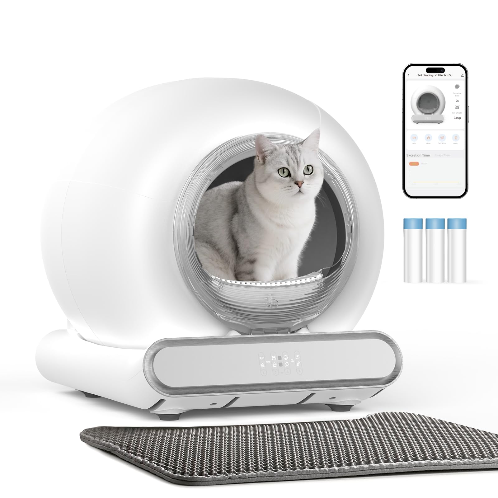 Self Cleaning Litter Box, Integrated Safety Automatic Cat Litter Box Self Cleaning 65L+9L for Multiple Cats, App Control, Odor Removal, Includes Mat & Liner (3 Rolls) - White