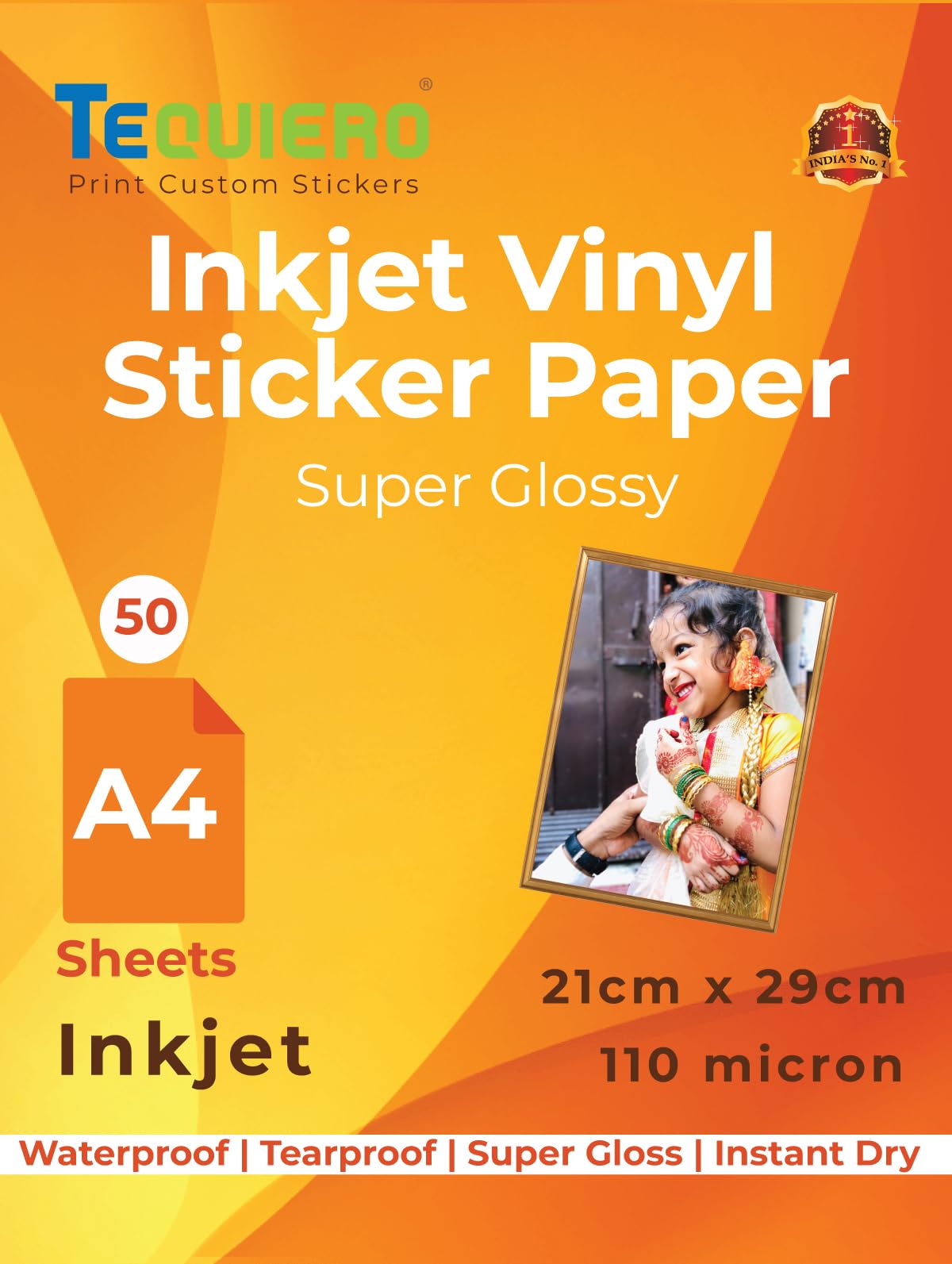 Inkjet Vinyl Sticker Paper Sheet Super Glossy Waterproof Pearl Self Adhesive A4 Size Vinyl Photo Paper (Inkjet) - 50 Sheets