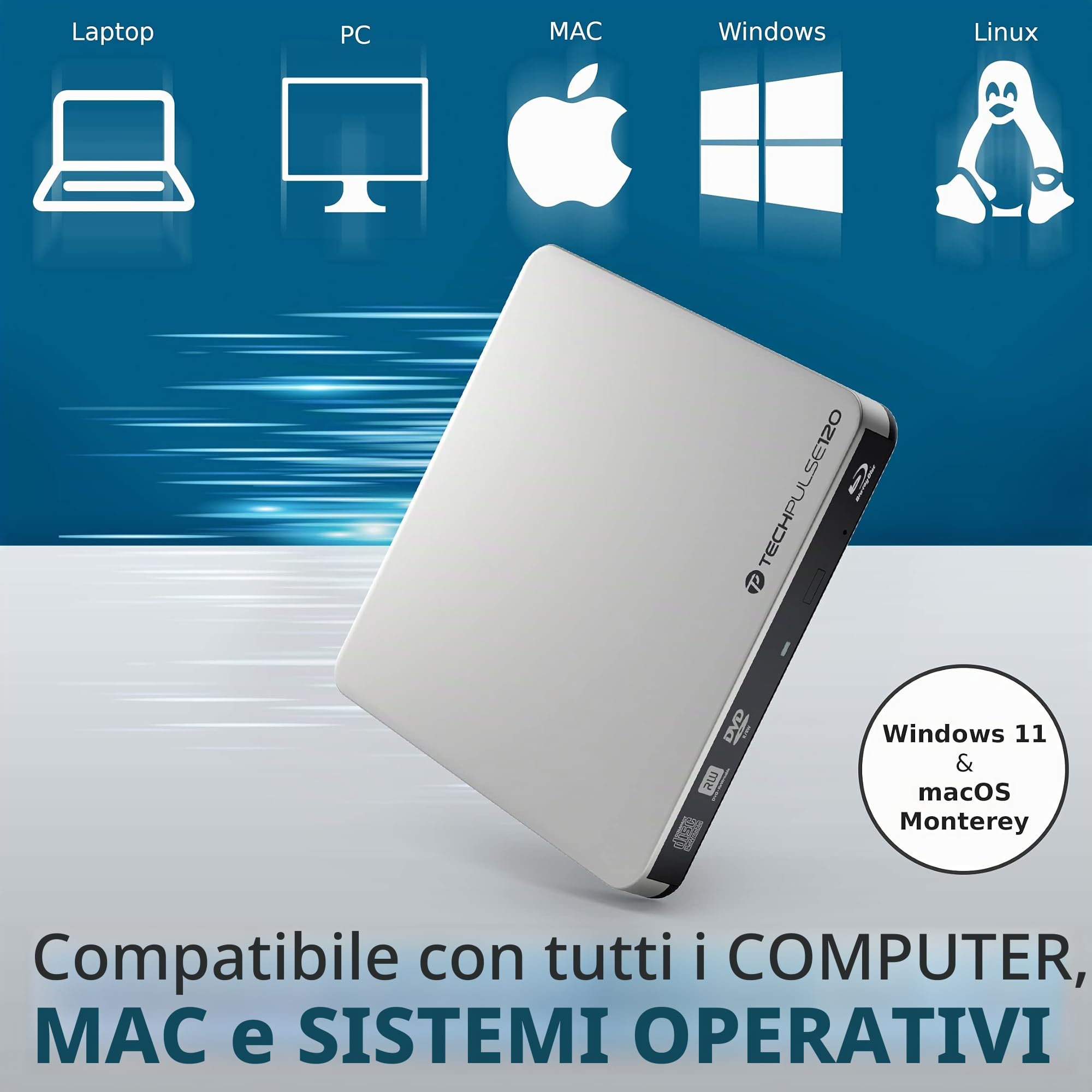 techPulse120 USB 3.0 3D Scrittore Lettore Blu-Ray BD Rom Masterizzatore Esterno Unità Blueray DVD CD Burner Bruciatore CD/DVD Esterna DVD-R CD-RW SuperDrive per PC Laptop Notebook Ultrabook Computer