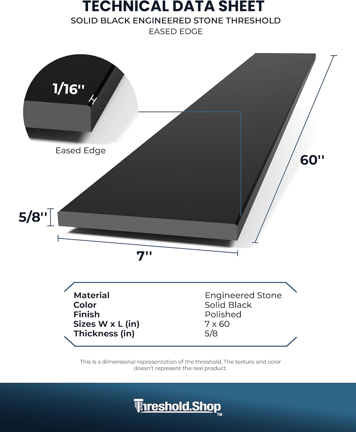 60 inch Shower Curb Top | Super Black Engineered Marble Threshold for Schluter Kerdi Board and Tile Redi Shower Pan Systems (7" x 60")