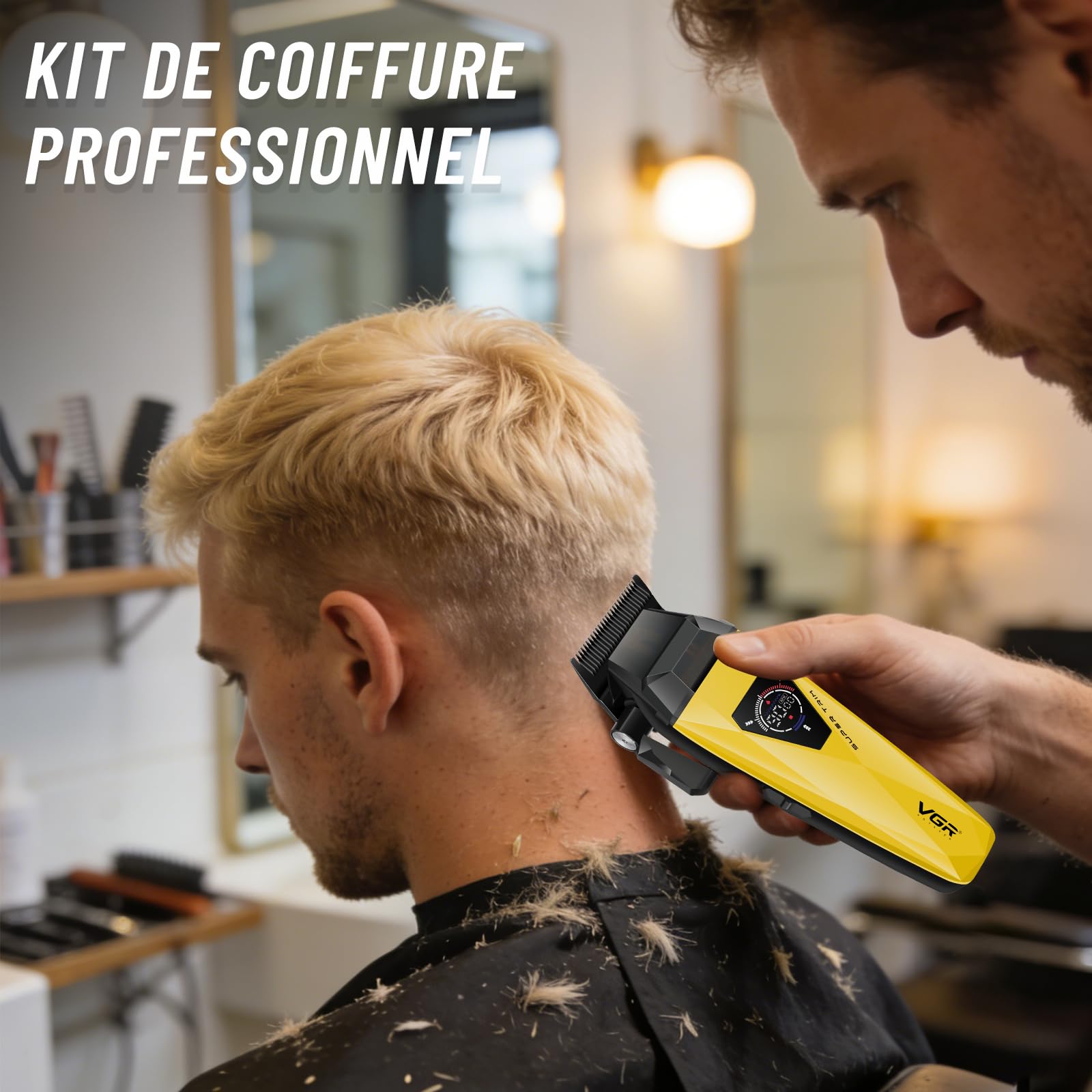 VGR 877S2 Tondeuse Cheveux Hommes Professionnel Set, Zero Gap Tondeuse Barbe et Cheveux Homme Sans Fil avec Moteur 8000/9000 tr/min, Kit Coiffure Homme avec Station de Charge et Écran LED, Or