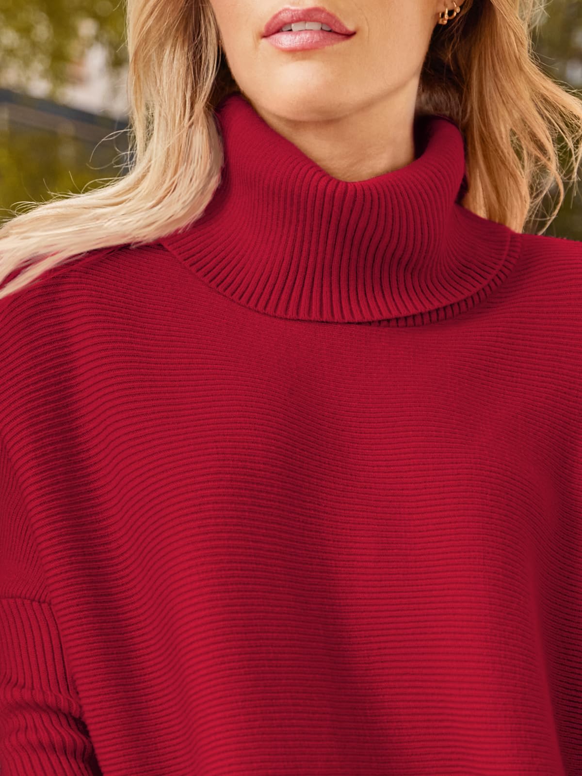 LILLUSORY Damskie swetry oversize z golfem długi rękaw nietoperz rozlany brzeg tunika pulower dzianinowe topy, Czerwony, XL