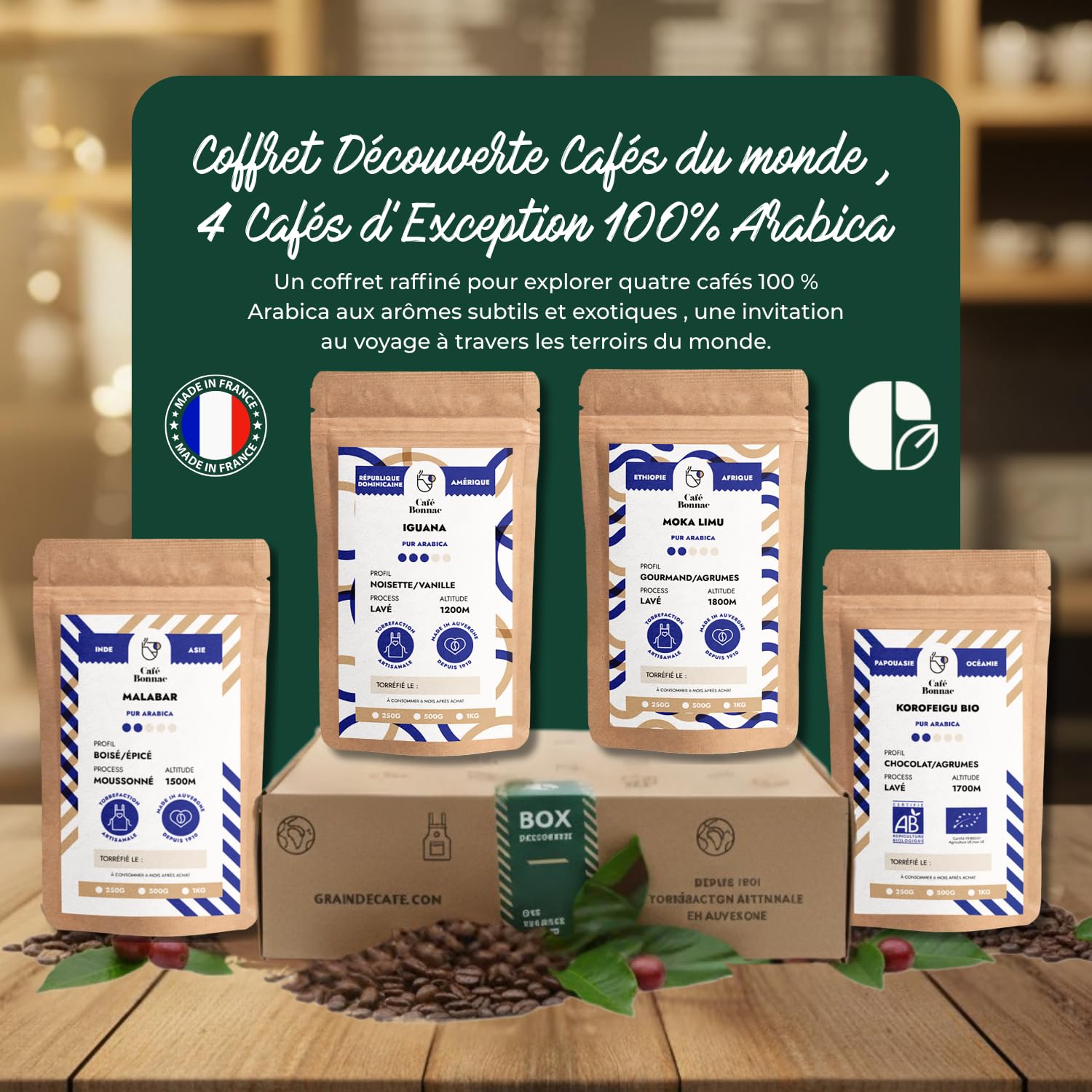 Café Bonnac – Coffret Découverte Cafés du Monde – Café en Grain – 4x250g – 100% Arabica – Éthiopie, République Dominicaine, Inde & Nouvelle-Guinée – Torréfaction Artisanale Française – Idée Cadeau
